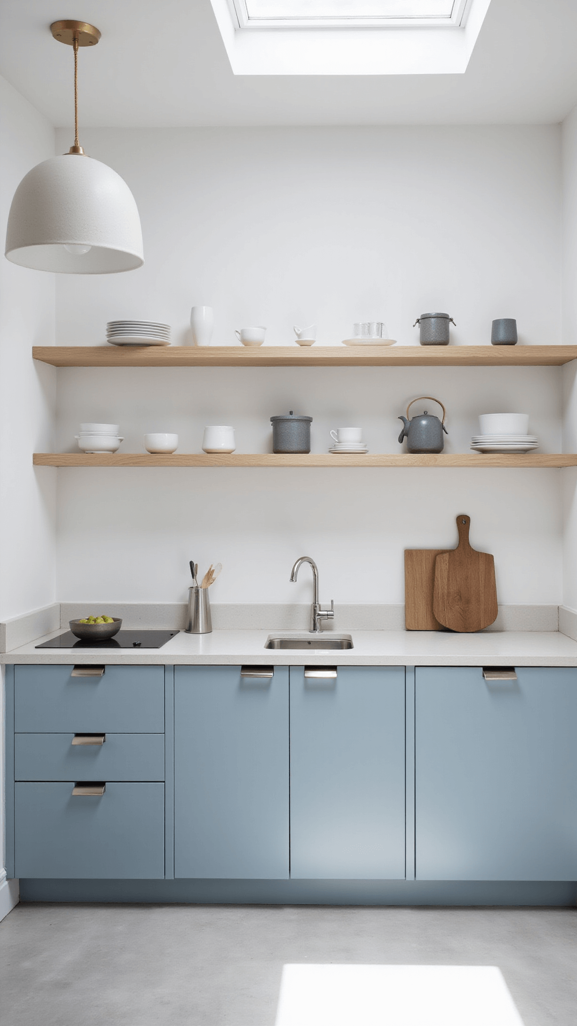 Minimalist Scandinavian kitchen with pale blue-grey cabinets, concrete countertops, and open ash wood shelves under soft skylight.