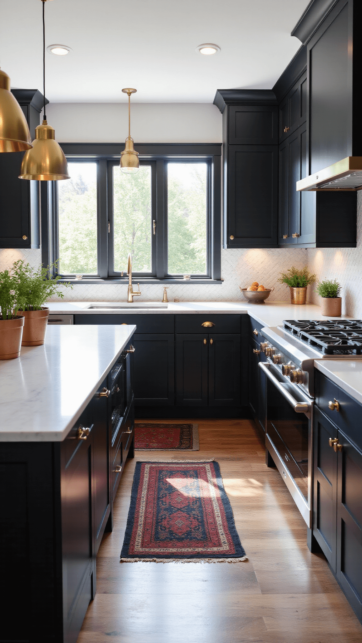 Modern kitchen with matte black cabinets, white quartz waterfall island, brass pendant lights, and herringbone marble backsplash, bathed in morning light through floor-to-ceiling windows.