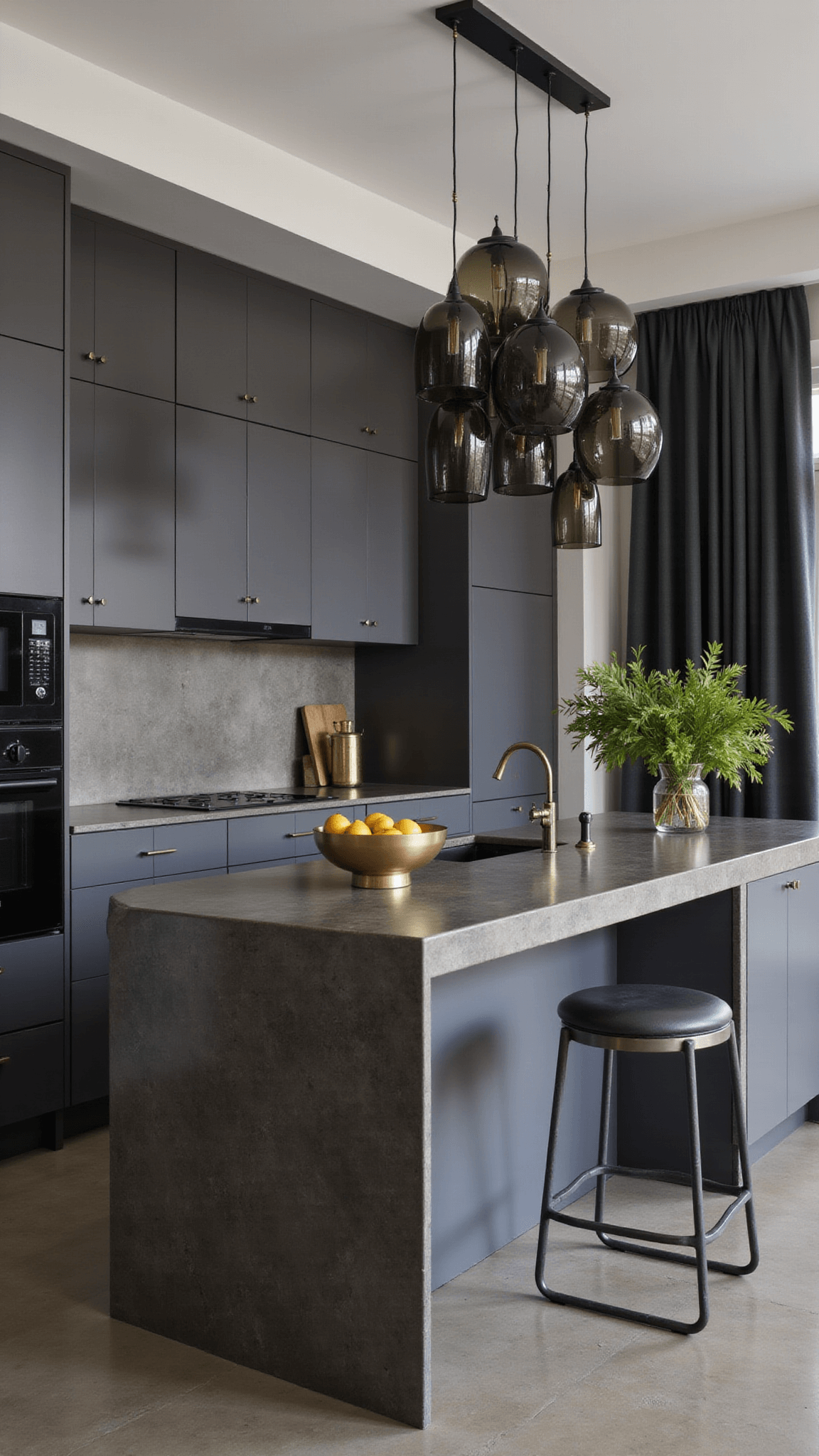 Industrial-modern kitchen at dusk with charcoal gray cabinets, polished concrete floors, leathered granite island, smoked glass pendant lights, and minimalist brass and sage green accents.