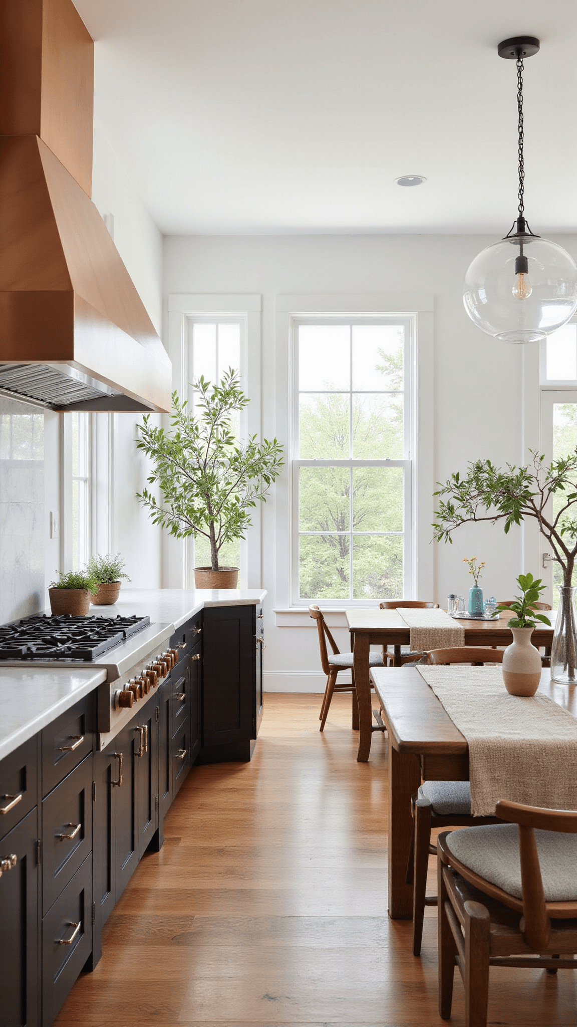 Contemporary sunlit kitchen with espresso oak cabinets, Calacatta marble backsplash, copper hood, and earthy decor in a 16x24ft space.