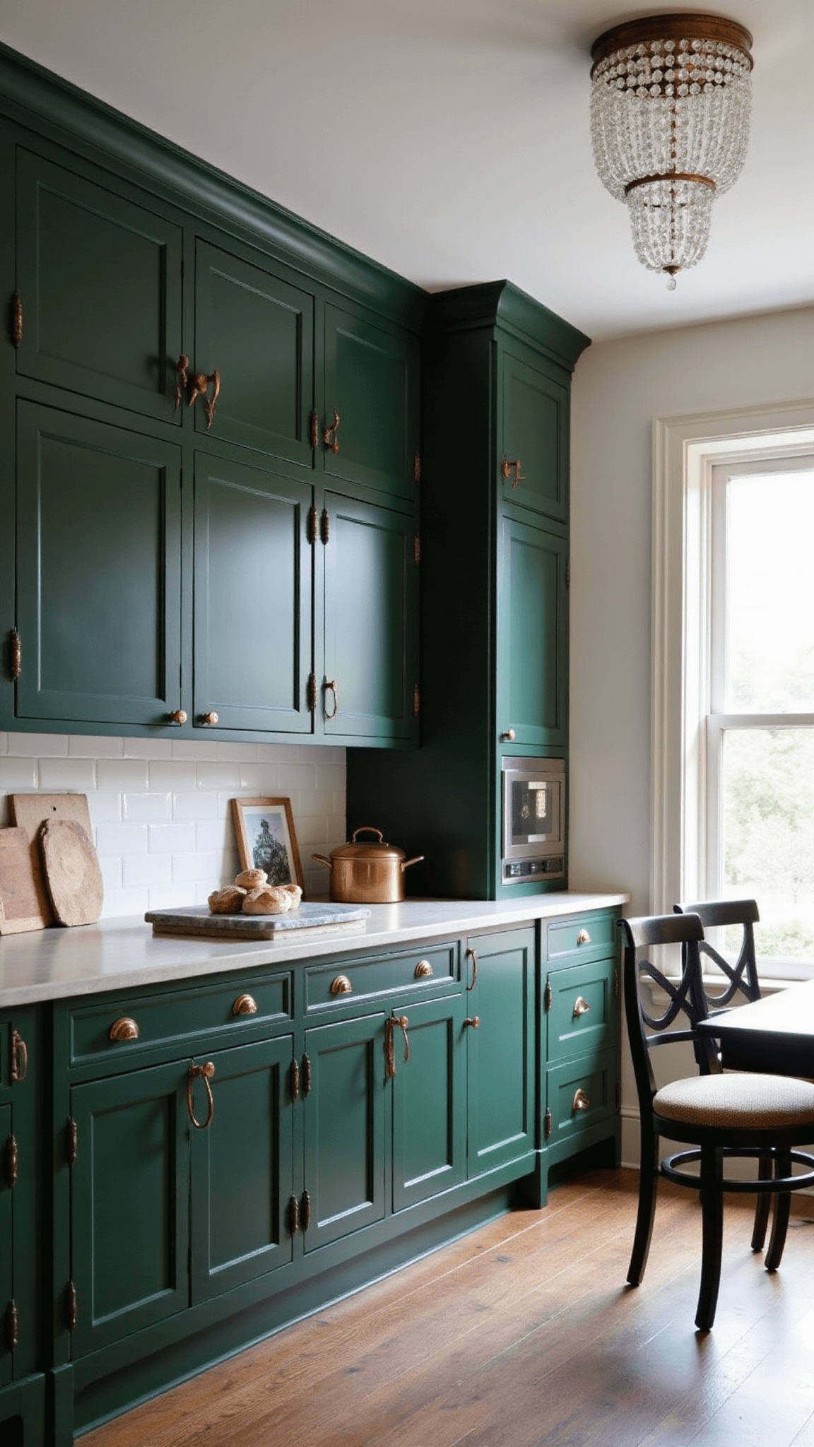 Transitional kitchen at twilight with deep forest green cabinets, antique brass hardware, soapstone counters, vintage crystal chandelier, copper cookware, and botanical prints in a 14x18ft space.