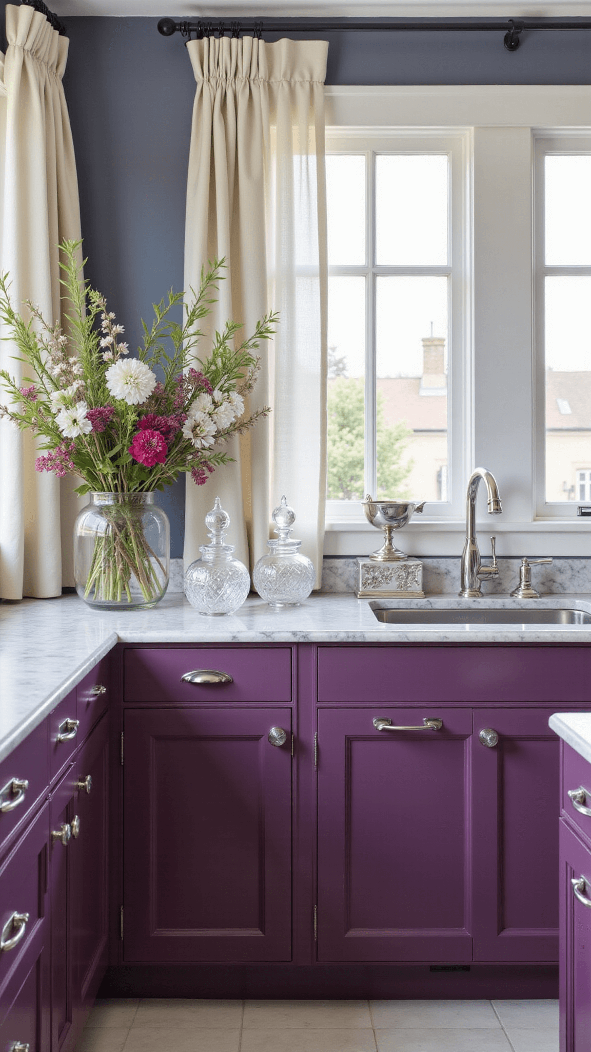 Symmetrical boutique kitchen with deep aubergine cabinets, Arabescato marble counters, silver hardware, and crystal accents lit by natural and under-cabinet lighting.