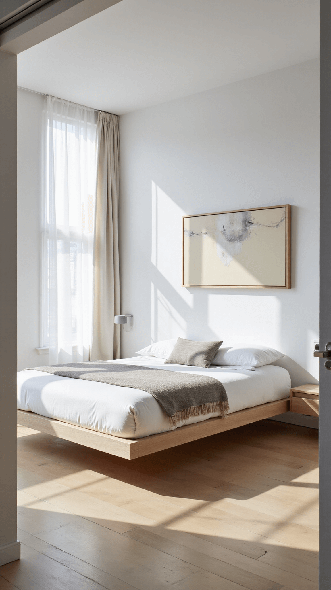 Minimalist 12x14ft modern bedroom with low platform bed, white linens, floating nightstands, large windows with sheer curtains, and abstract wall art, bathed in soft morning light.