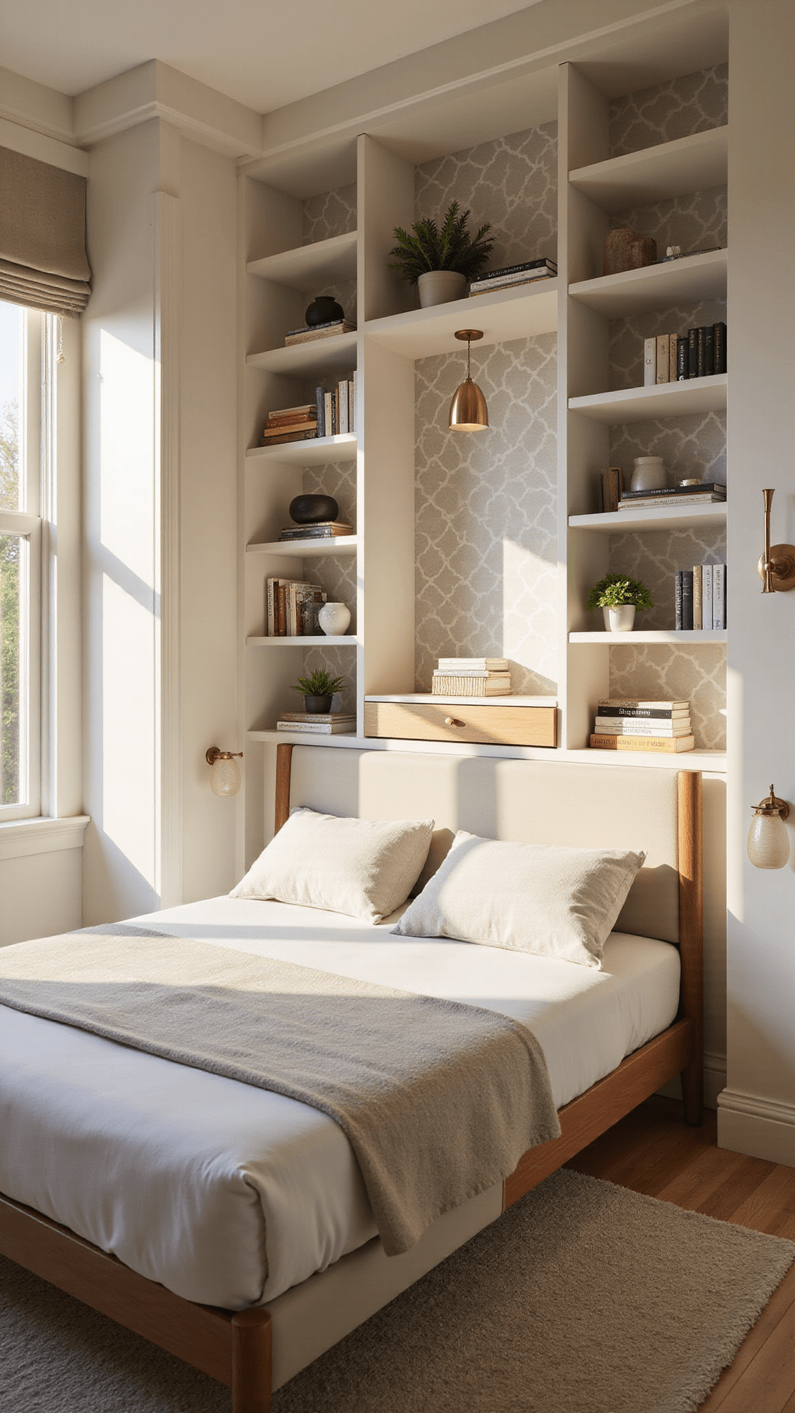 Compact 10x12ft bedroom with floor-to-ceiling white shelving, mid-century modern queen bed with storage, brass accents, geometric grey wallpaper, and warm afternoon light filtering through roman shades.