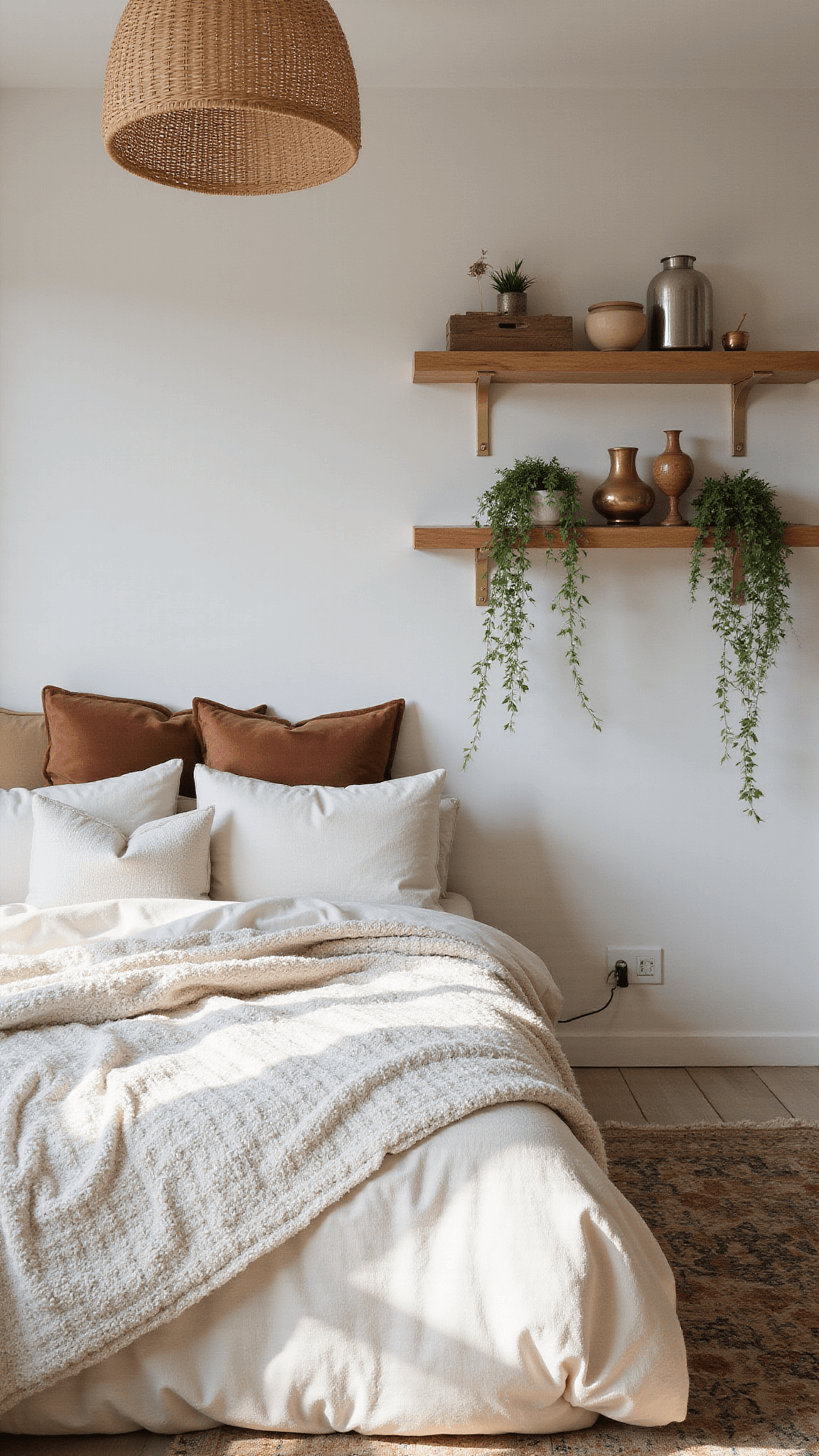 Cozy 11x13ft bedroom at magic hour with layered white bedding, rattan pendant light casting shadows, vintage Persian rug, floating wooden shelves with ceramics and plants, and warm mixed metal accents.