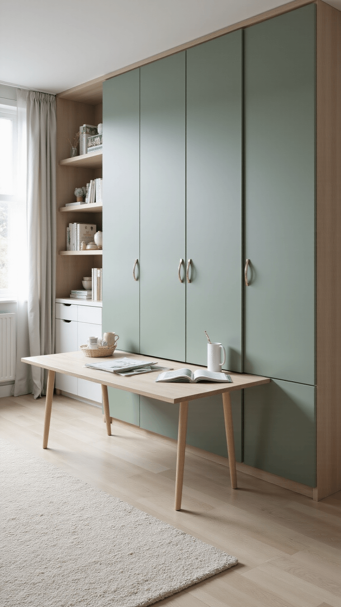 Scandinavian-style 9x11ft bedroom with sage green Murphy bed, built-in desk, hidden white lacquer storage, and diffused morning light highlighting clean, geometric design.