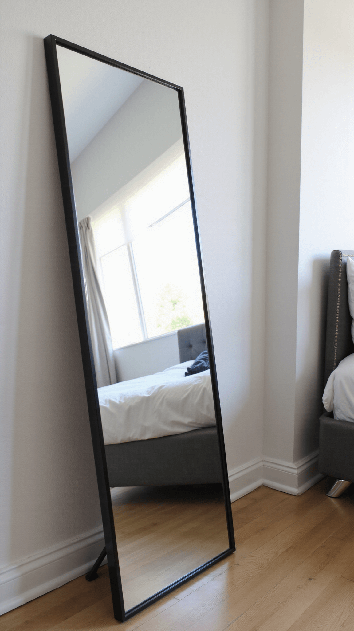 Bright, contemporary 10x12ft bedroom with large leaning mirror reflecting light, charcoal grey platform bed, lucite furniture, white textured walls, and metallic accents.
