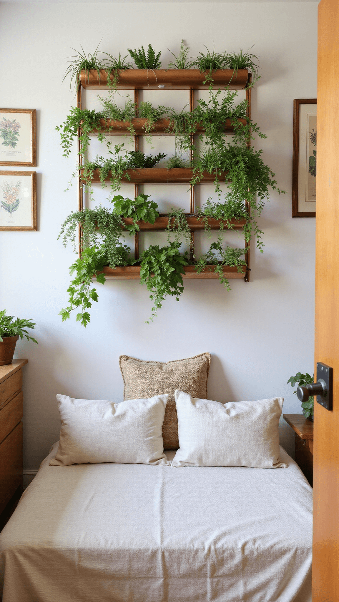 Urban bedroom with vertical garden wall in copper planters, hanging plants in morning light, low natural linen bed, and vintage botanical prints.