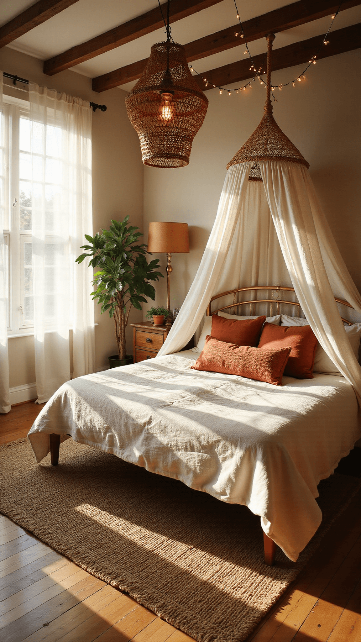 Bohemian bedroom at golden hour with vintage brass bed, macrame canopy, rattan pendant lamp, and sunlight filtering through gauzy curtains onto hardwood floors.