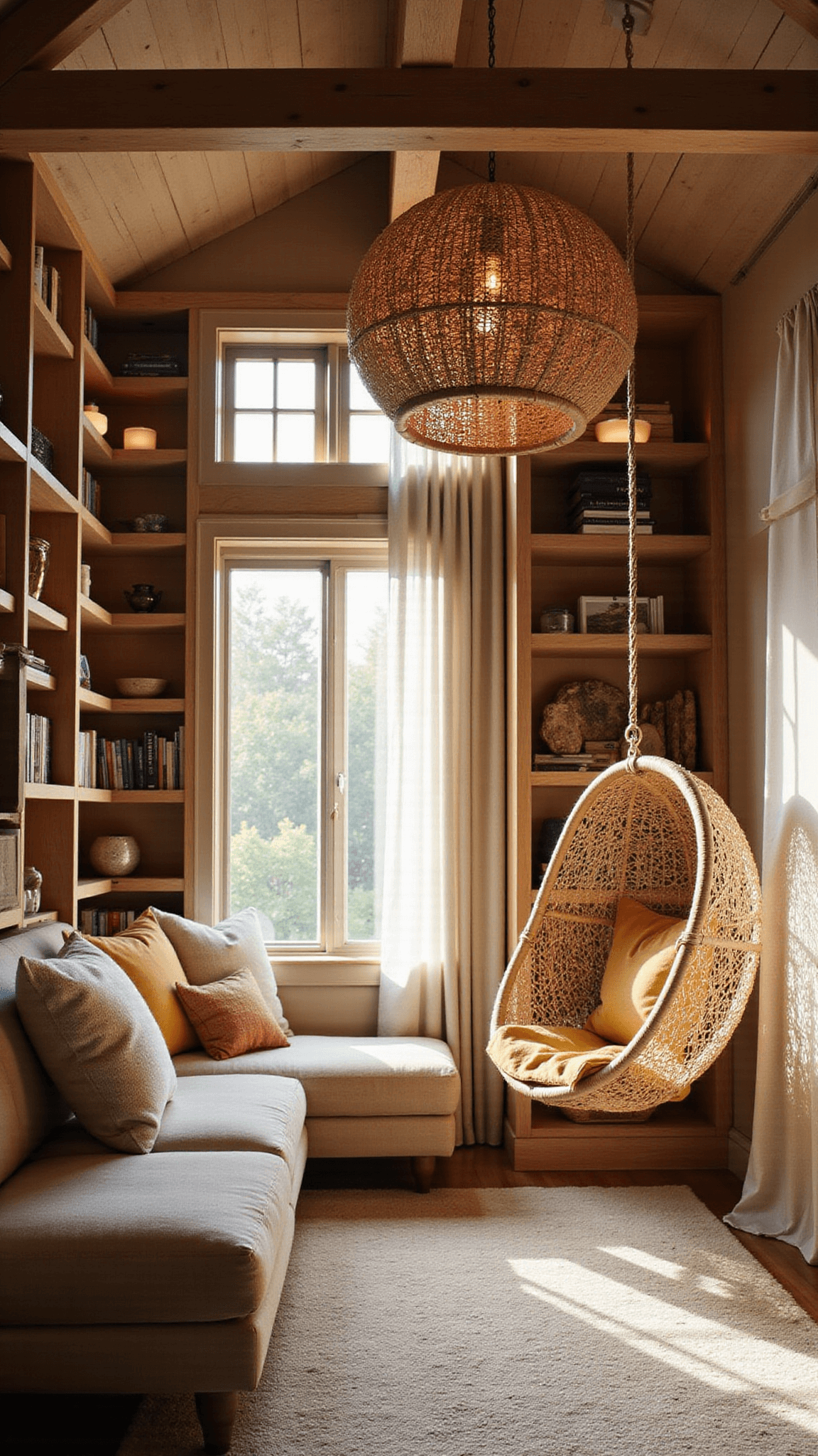 Cozy 10x12ft boho reading nook with rattan hanging chair, ambient LED-lit bookshelves, and warm morning light highlighting textured cream and mustard decor.