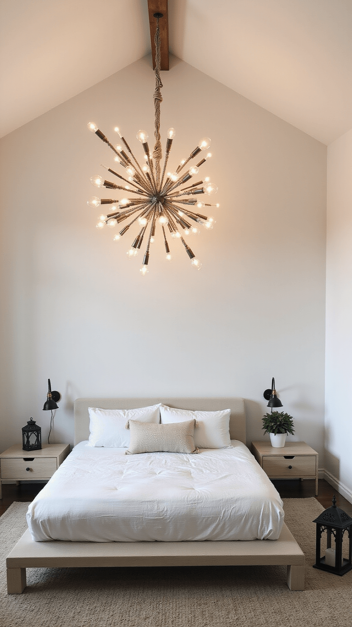 Minimalist boho bedroom at night with macrame chandelier, Edison bulbs, platform bed, brass sconces, Moroccan lanterns, and monochrome palette.