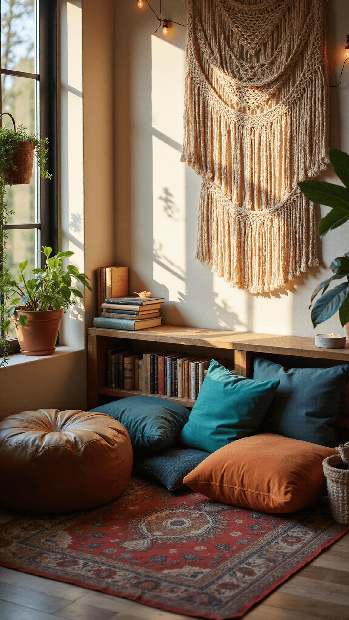 Bohemian reading nook at sunrise with low leather pouf, vintage books, jewel-toned cushions on Beni Ourain rug, large macrame wall hanging, and warm LED string lights.