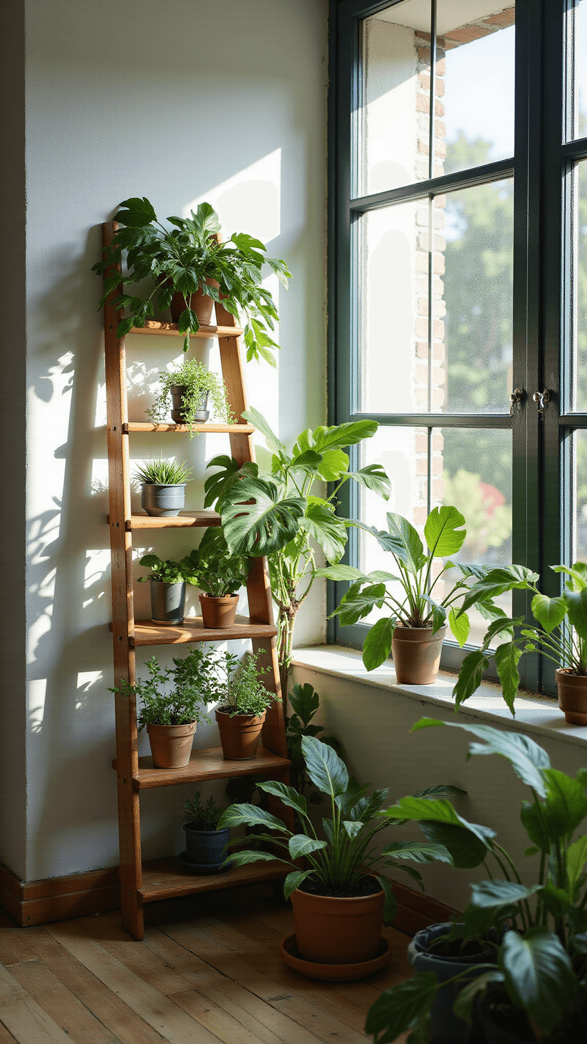 Lush urban jungle setup with rare tropical plants on wooden stand and vintage ladder, sunlight casting leaf shadows on whitewashed walls.