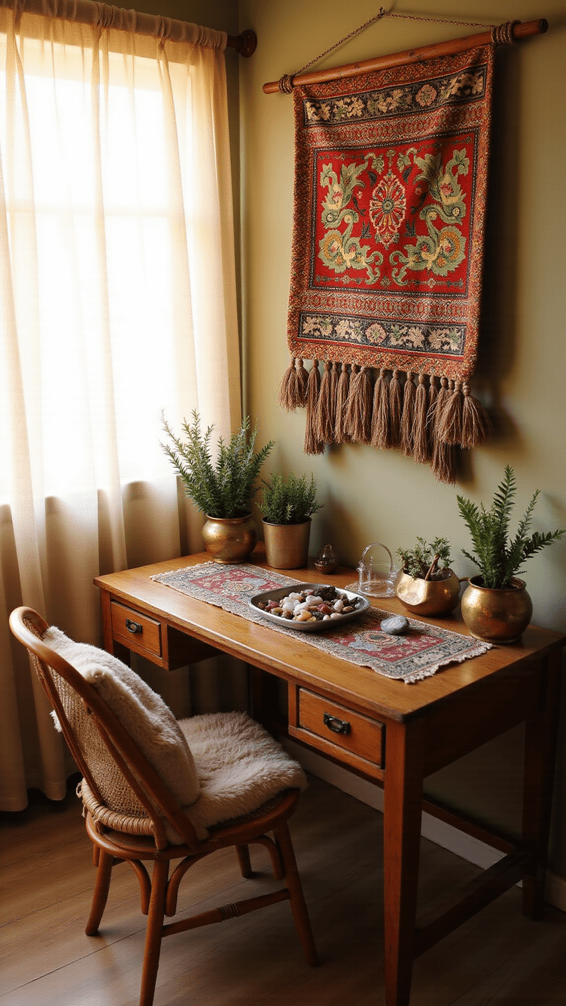 Vintage campaign desk in golden morning light with Hmong textile runner, crystals, air plants, brass decor, rattan peacock chair, and handwoven wall hanging backdrop.
