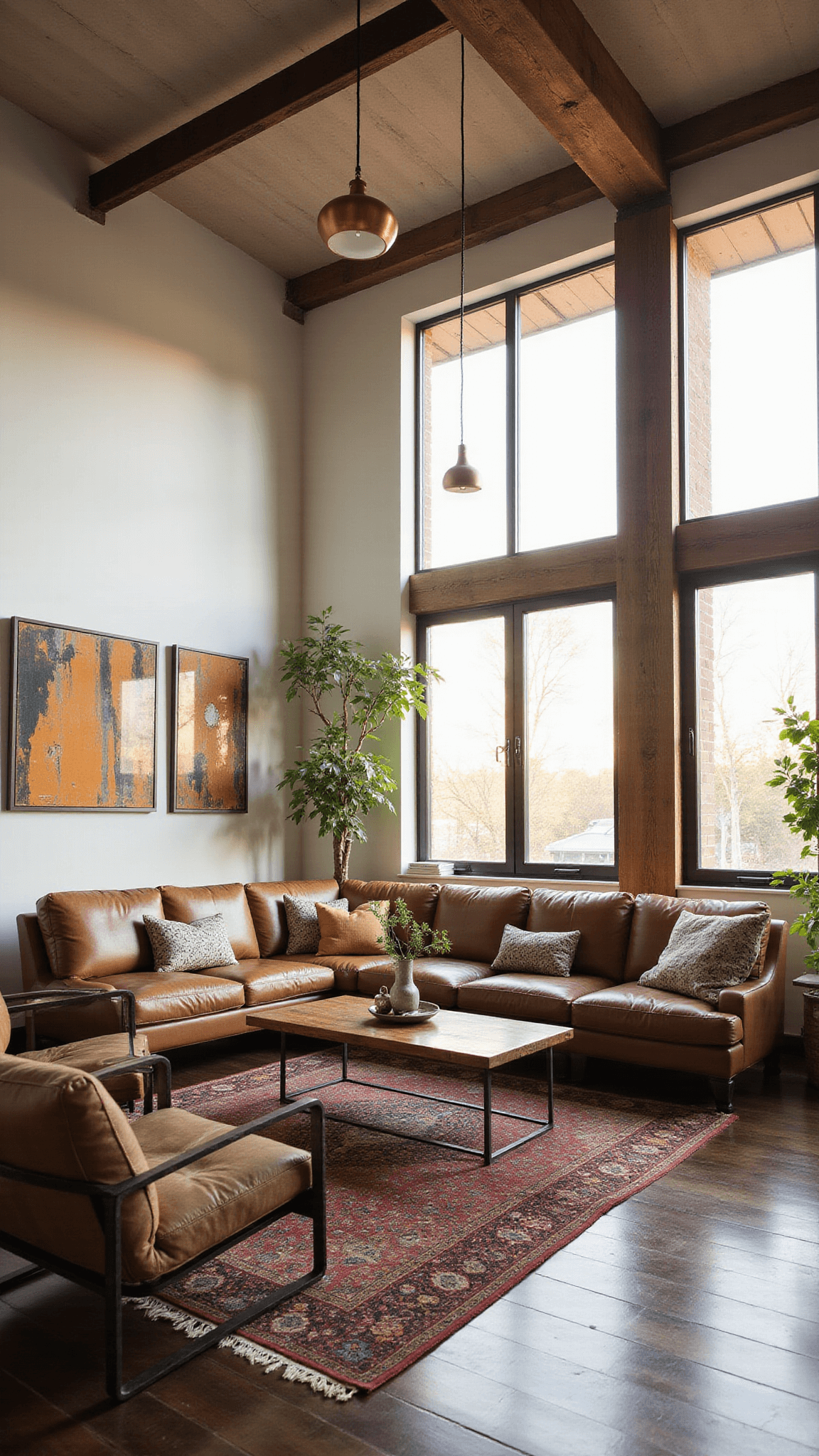 Barndominium living room with 20ft ceilings, exposed beams, leather sectional, industrial armchairs, large windows, and warm golden hour lighting.