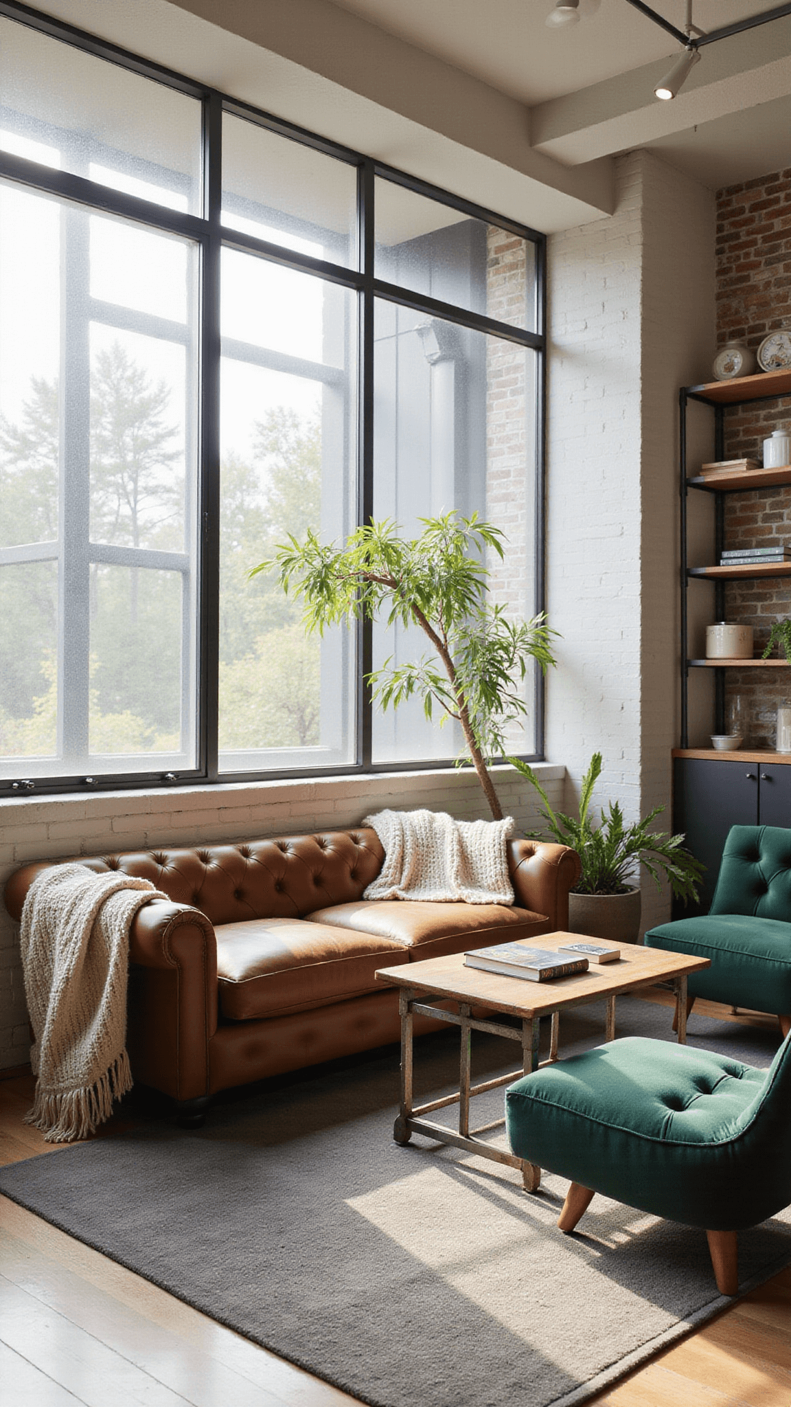 Modern-rustic living room with morning light streaming through tall windows, highlighting a cognac leather Chesterfield sofa against a whitewashed brick wall, forest green velvet chairs, industrial coffee table, and textured decor elements.