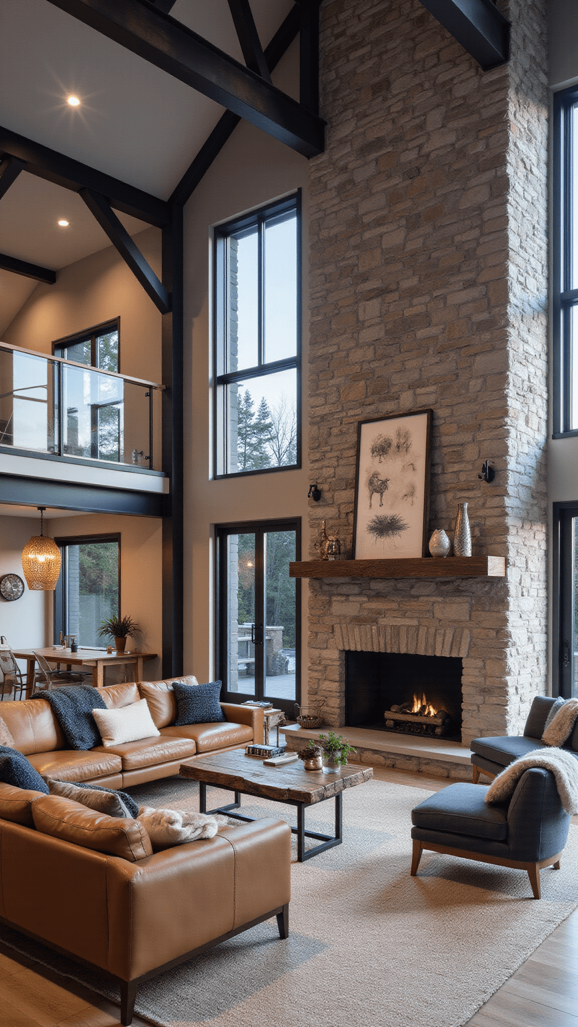 Dusk interior of open-concept barndominium with stone fireplace, camel leather sectional, charcoal chairs, and double-height windows.