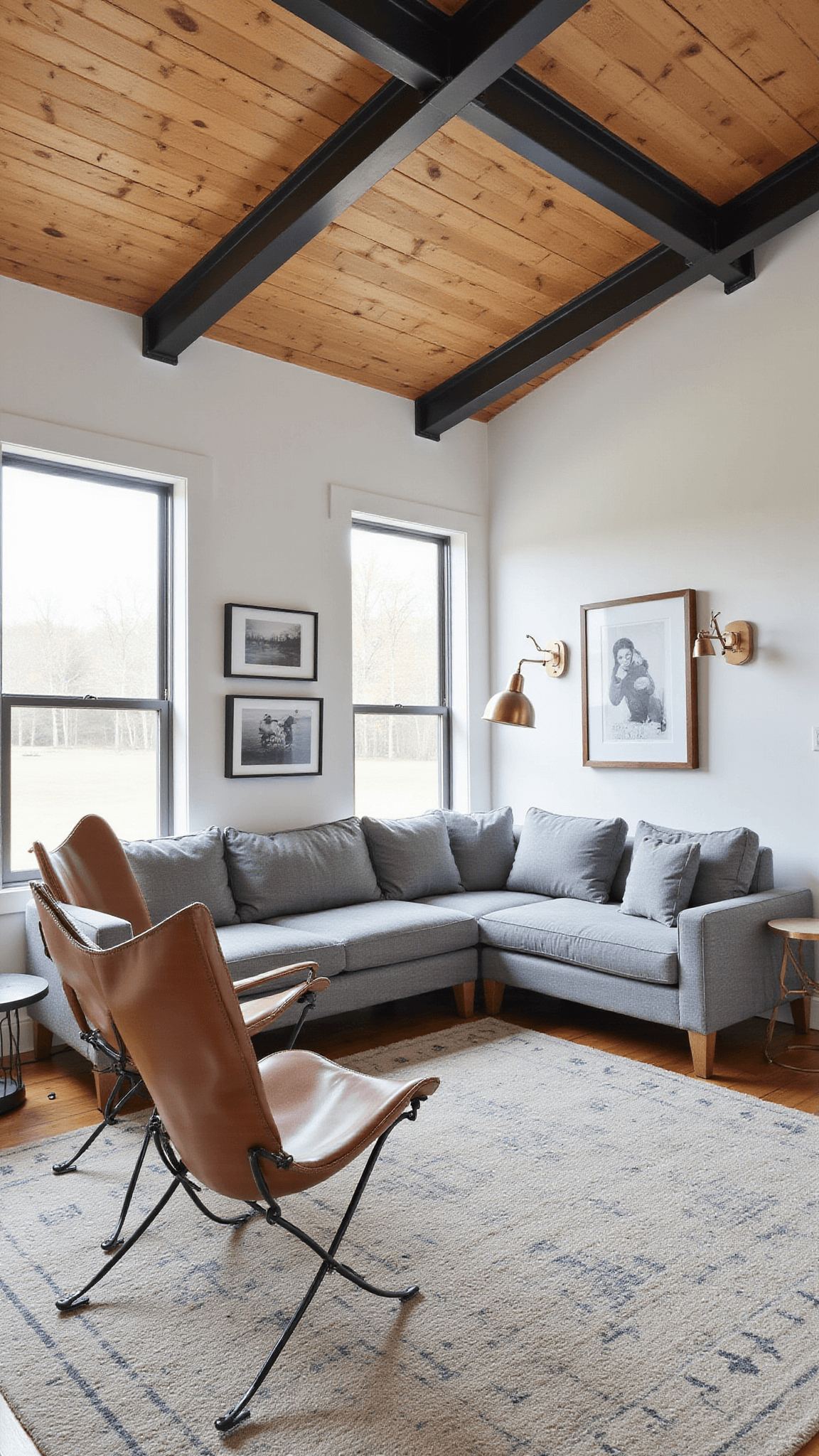 Cozy barndominium corner with gray linen sectional, leather butterfly chairs, and layered lighting; steel beam and wood ceiling junction highlighted from elevated view.