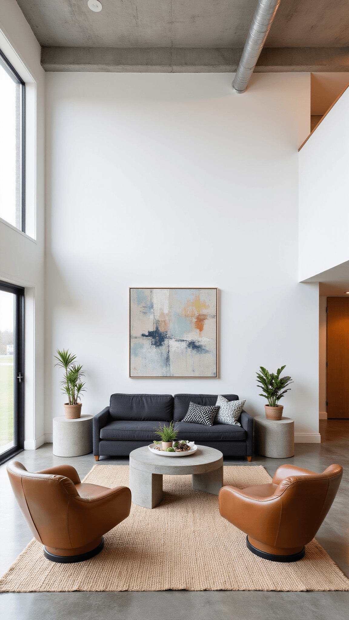Minimalist 550 sq ft barndominium with cathedral ceiling, exposed ductwork, charcoal sofa, cognac leather chairs, concrete floors, steel windows, and wood accents.