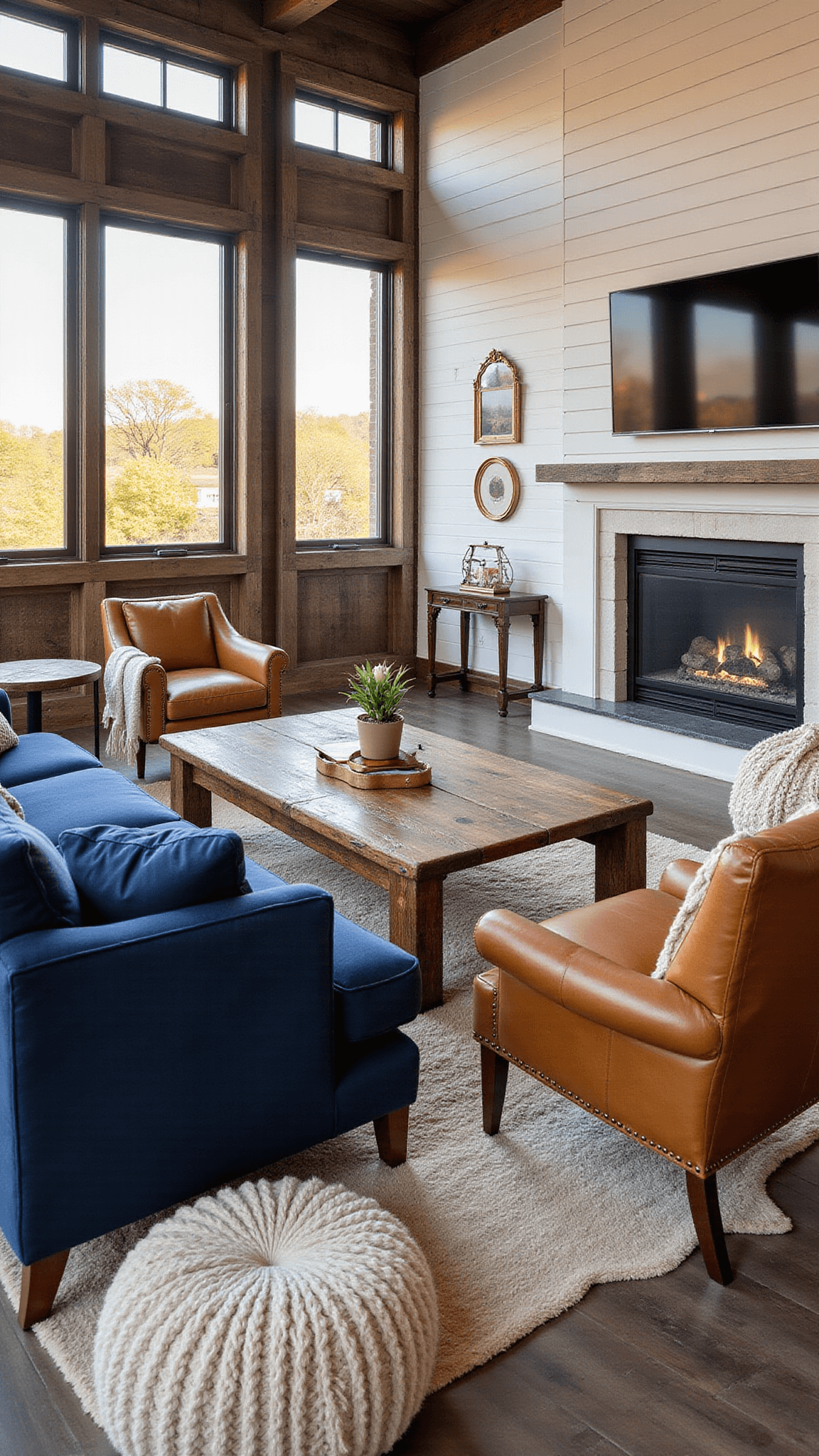 Late afternoon living room with industrial-rustic style; features steel-framed entertainment unit on shiplap wall, blue velvet sofa, vintage leather chairs, carved wood bench, textured decor, and golden hour lighting.