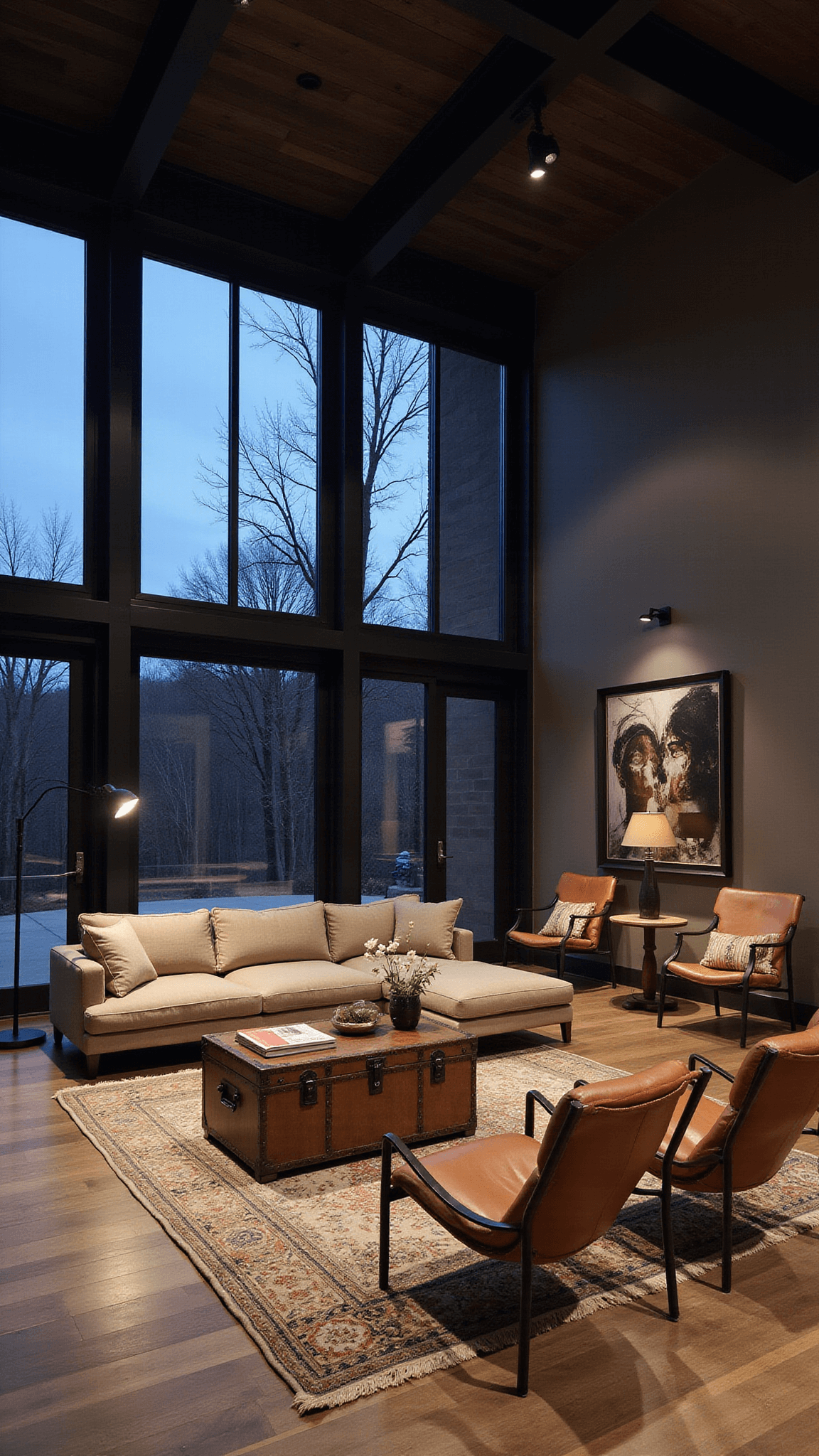 Moody evening lounge with exposed beams, black steel windows, oatmeal sectional, leather sling chairs, vintage trunk table, layered rugs, and spotlighted architectural details.