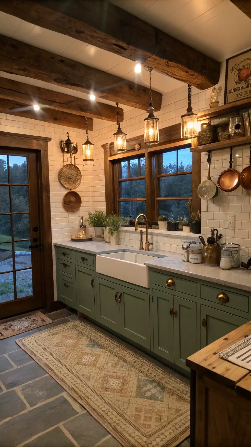 Cozy 8x10ft farmhouse kitchen at dusk featuring pewter green cabinets, antique gold handles, white farmhouse sink, wooden beams, subway tile backsplash, and decor of copper pots, fresh flowers in mason jars, and wooden cutting boards under warm artificial lighting.