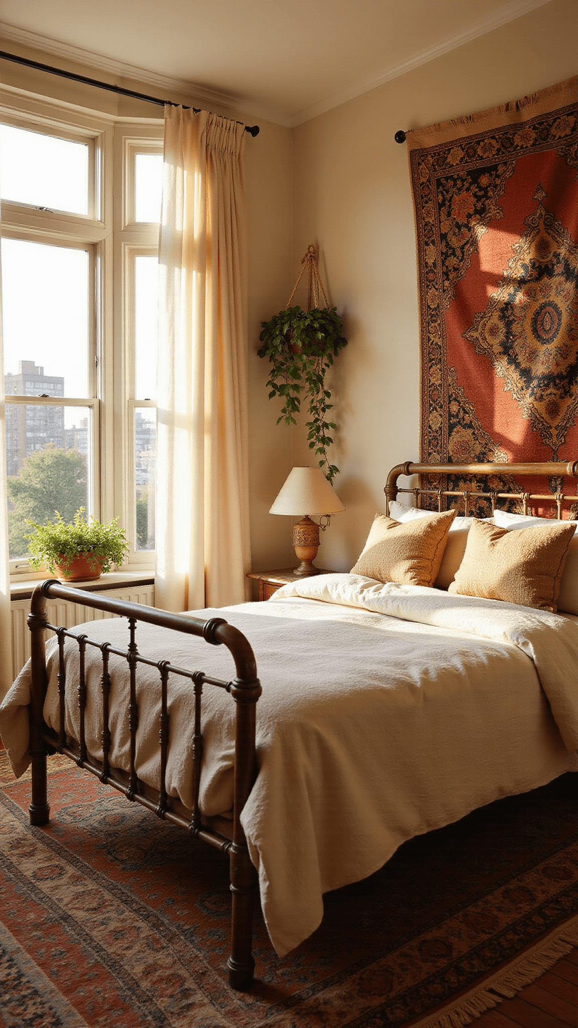 Bohemian bedroom with brass bed, Moroccan tapestry, Persian rugs, and golden hour sunlight streaming through sheer curtains.