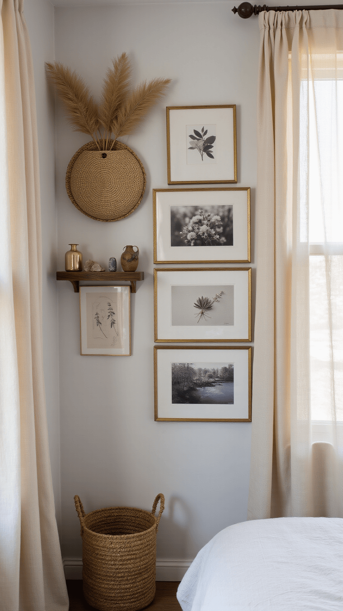 Boho gallery wall in sunlit bedroom featuring vintage gold frames, pressed botanicals, abstract art, and a woven basket with pampas grass above a wooden shelf holding crystals and brass décor.