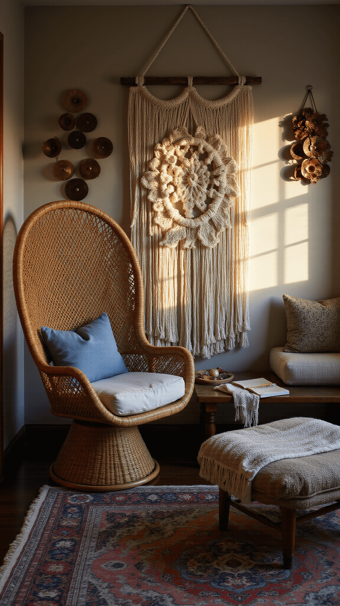Cozy bedroom reading nook with a rattan peacock chair, indigo pillows, large macramé wall hanging, celestial wall art, and warm afternoon light casting shadows.