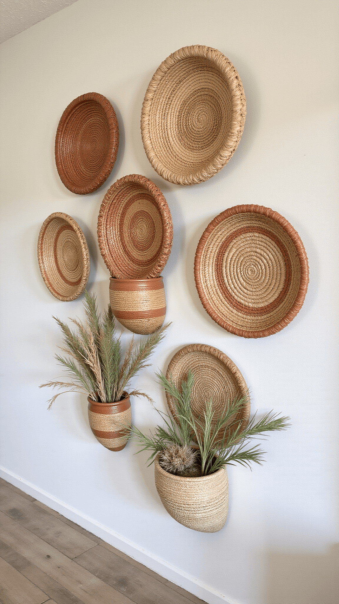 Modern bohemian accent wall with vintage textile art, handwoven baskets, and dried botanicals in terracotta, cream, and sage tones under soft morning light.