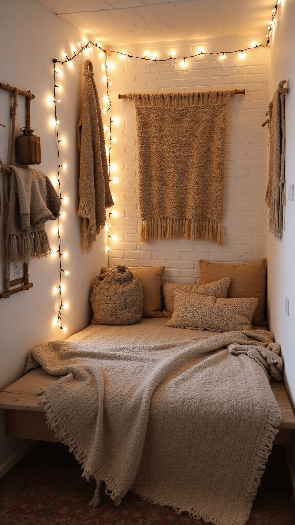 Cozy bedroom alcove with warm white painted brick wall, string lights, layered textiles including Moroccan blanket and chunky throws, vintage ladder with Turkish towels, and brass lanterns casting shadows.