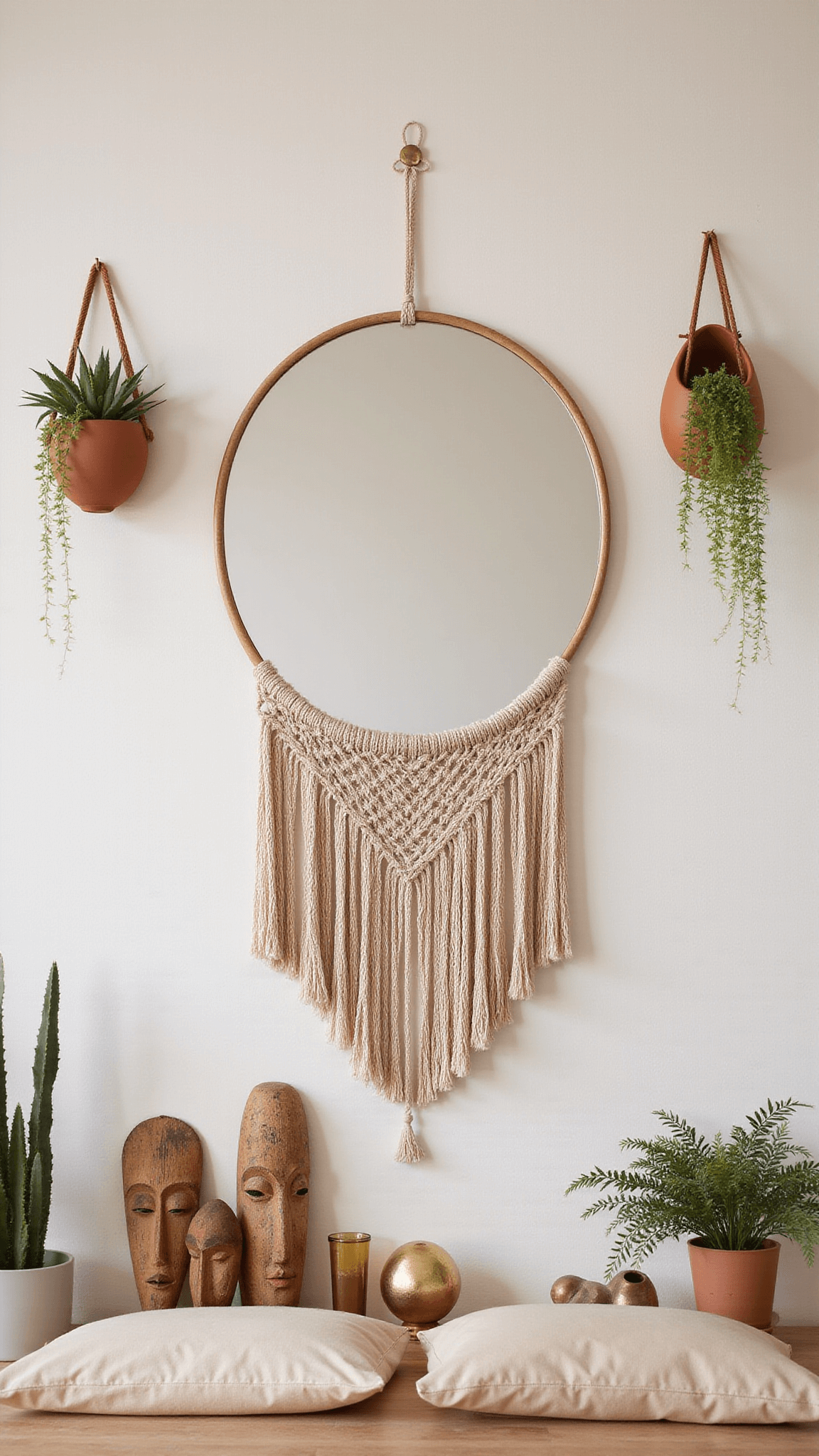 Minimalist boho bedroom vignette with large circular mirror framed by macramé, surrounded by wooden masks, brass sculptures, and ceramic planters with trailing greenery in desert tones.