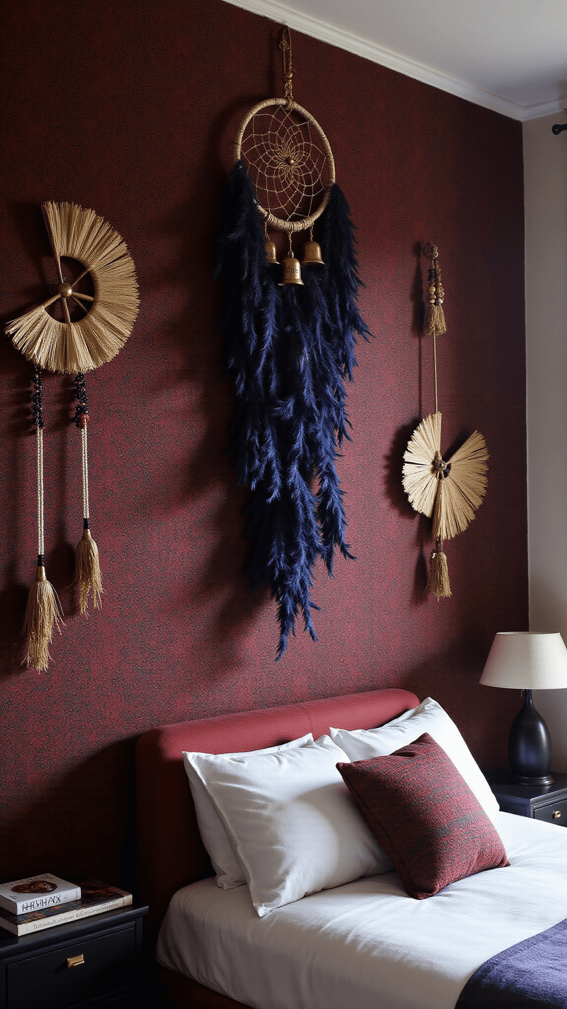 Dramatic bedroom with floor-to-ceiling vintage textile wall in jewel tones, oversized dreamcatcher with indigo feathers and brass bells, woven fans and ritual beads, moody lighting emphasizes rich textures.