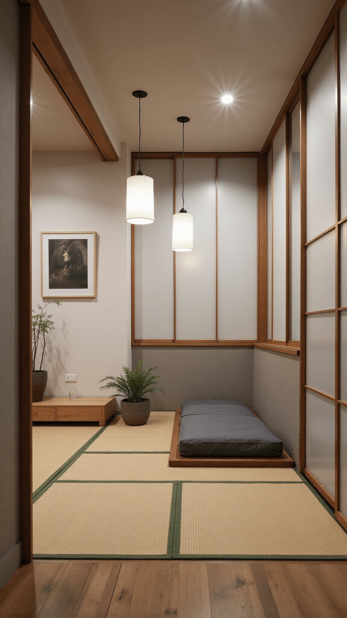 Contemporary zen basement bedroom with tatami mats, platform futon, Japanese sliding panels, paper lanterns, potted bamboo, and natural cedar, stone, and rice paper elements in muted earth tones.