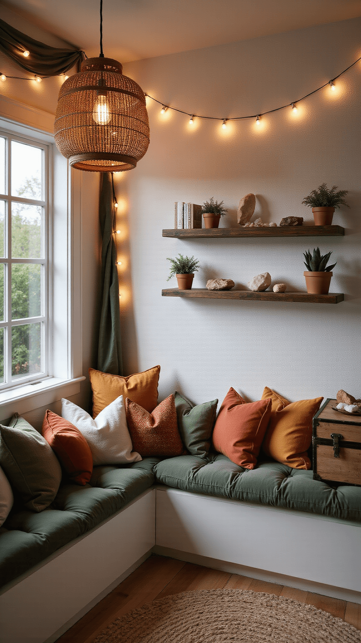 Low-angle view of a cozy 10x12ft boho kids' room at twilight with earthy floor cushions, built-in window seat, rattan pendant <a href=