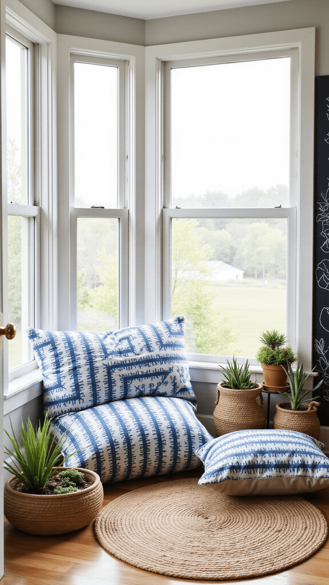 Boho kids' room with morning light, indigo floor <a href=