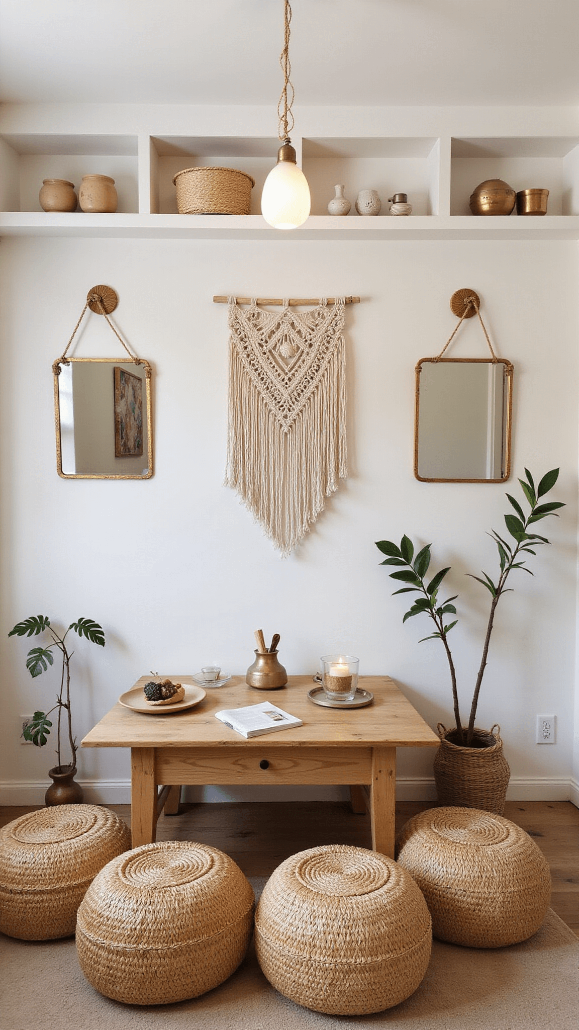 Child's-eye view of cozy L-shaped kids' bedroom at dusk with reclaimed wood craft table, rattan poufs, macramé wall hanging, handmade pottery on shelves, and fairy lights reflecting in vintage mirrors.