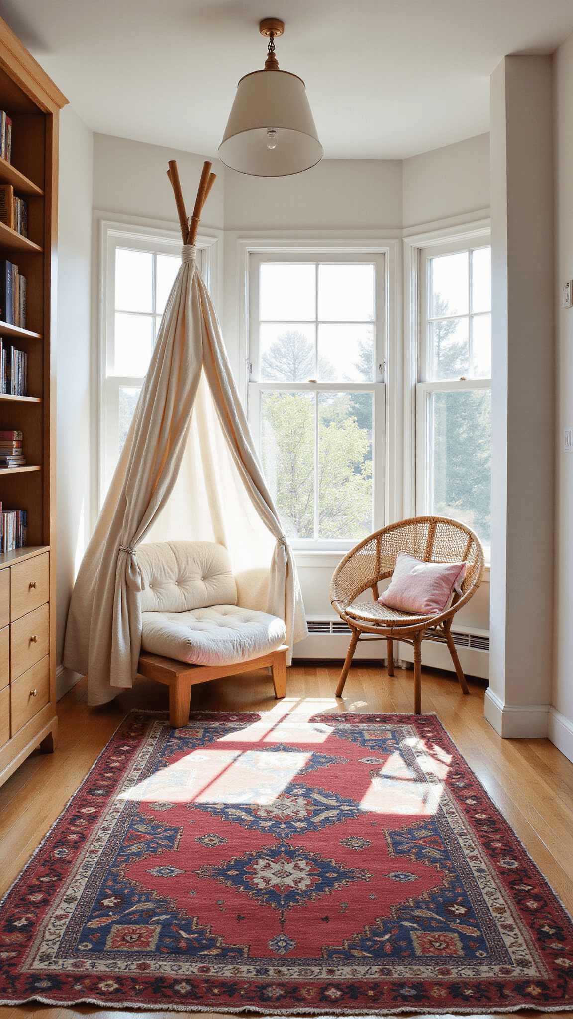 Magical reading fort with cotton drapes, bamboo poles, jewel-toned Kilim rugs, and hanging rattan chair bathed in late afternoon sunlight.