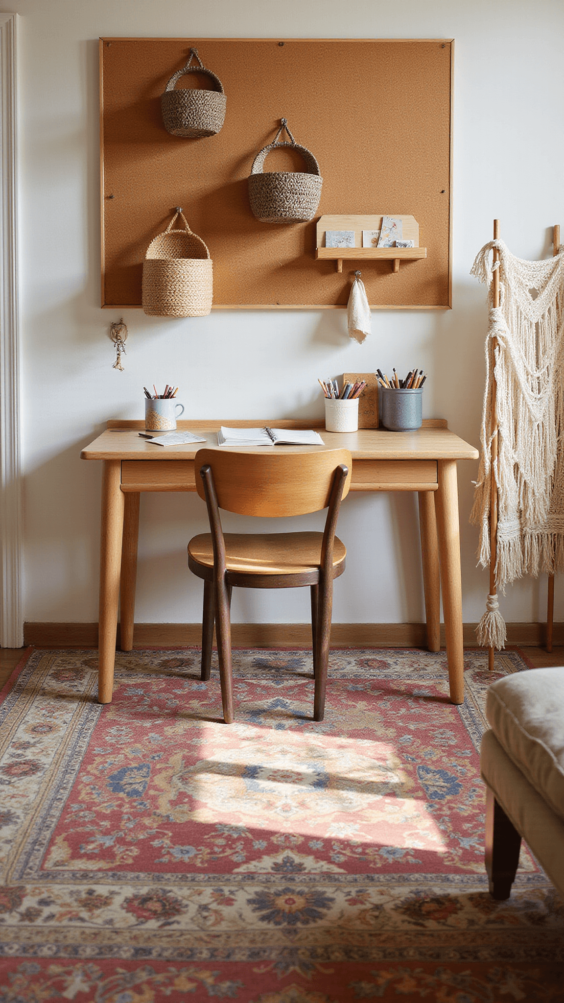 Bohemian-style kids' workspace with floating desk, cork board, and art supply baskets, lit by golden hour light, vintage Persian rug and macramé divider add cozy texture.