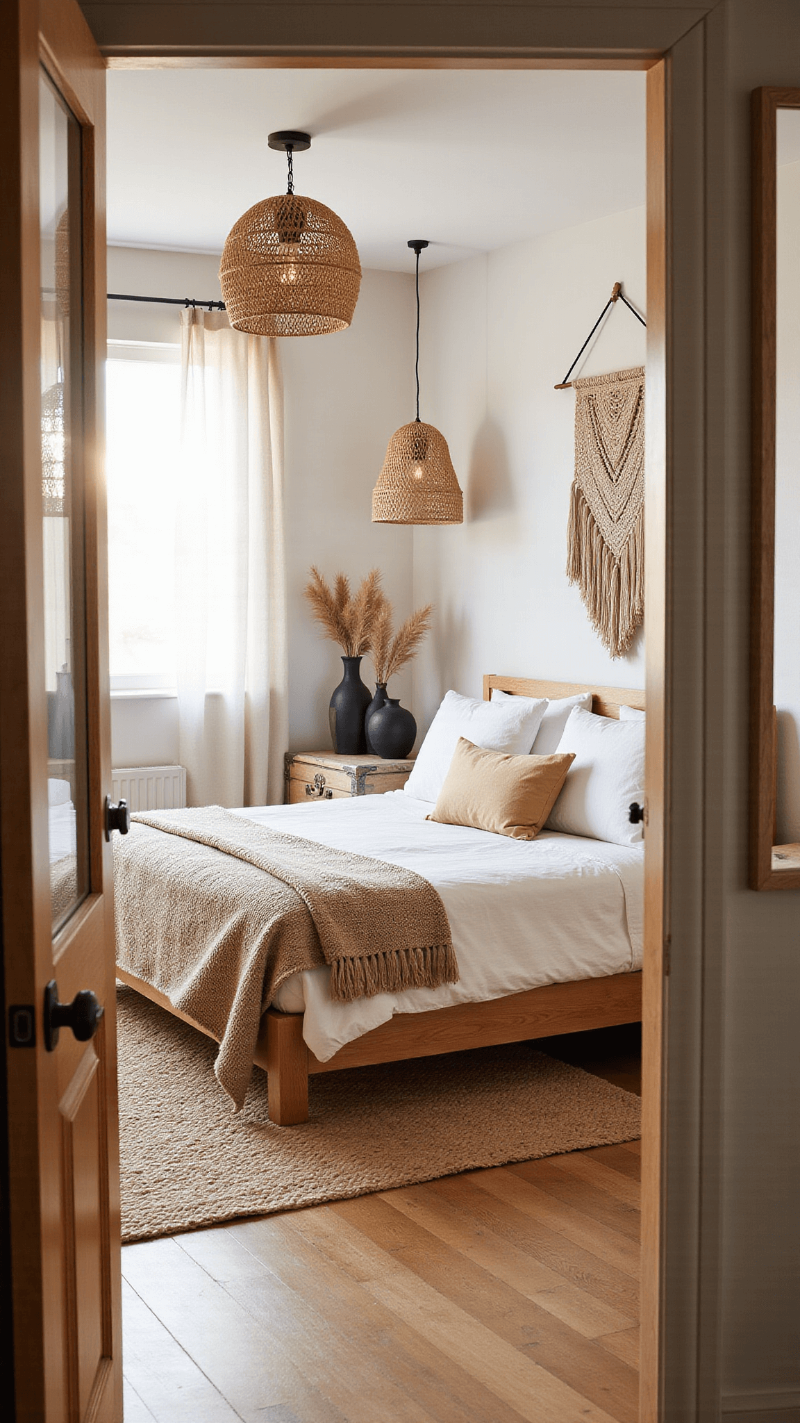 Golden hour light fills a cozy 14x16ft bedroom with a low oak platform bed, rattan pendants, chunky throw, jute rug, macramé wall art, and earthy décor in warm neutral tones.