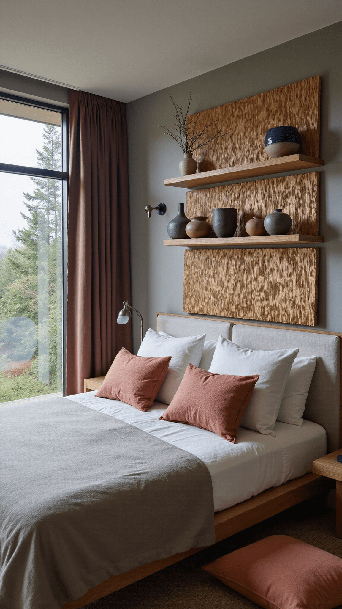 Corner view of serene bedroom with low modern bed in clay Belgian linen, floor-to-ceiling windows, bamboo divider, earth-toned ceramics, indigo textiles, and terracotta floor pillows in soft blue hour light.