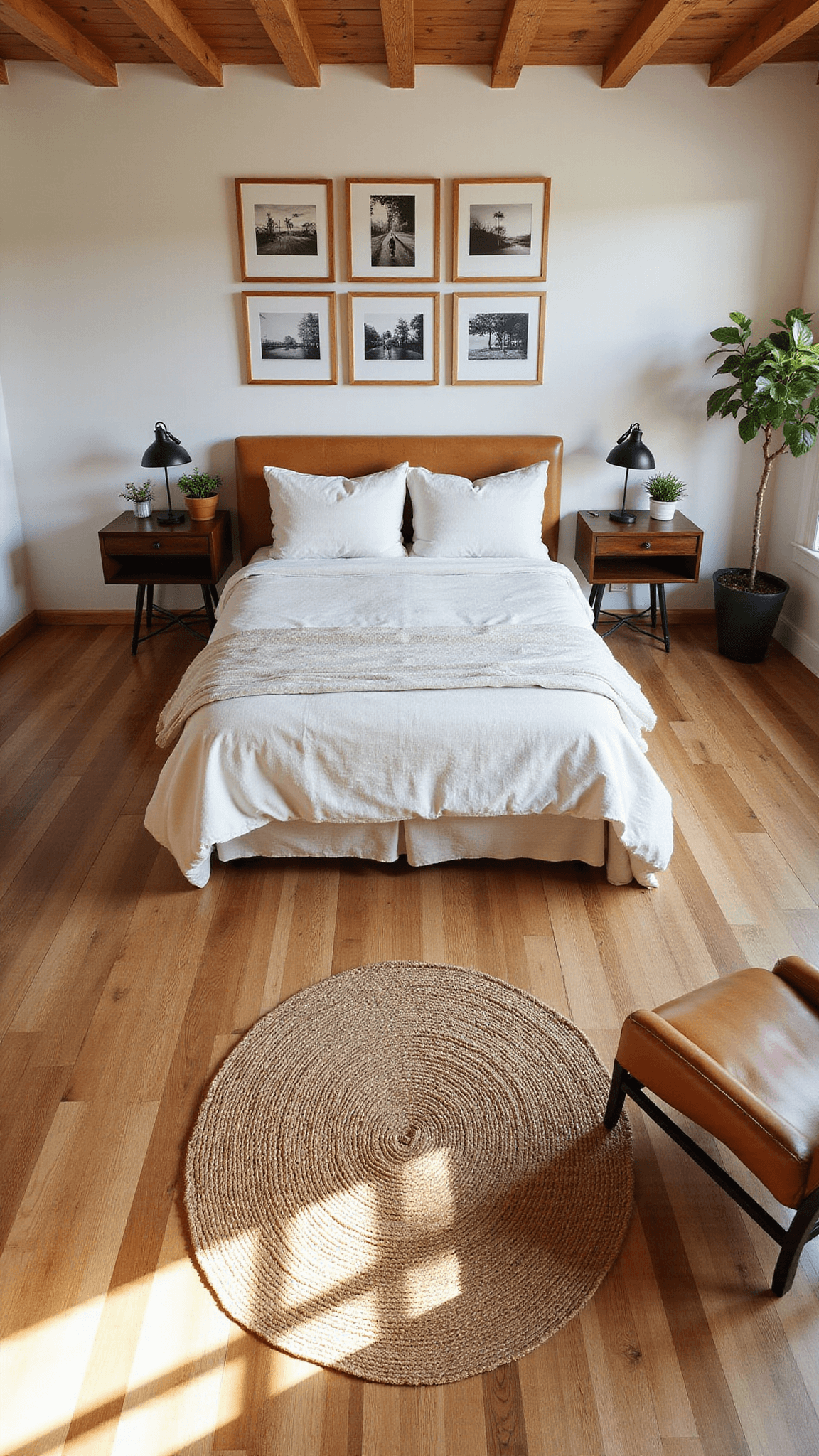 Overhead view of a 16x18ft bedroom at sunset with California king bed, gallery wall, jute rug, leather chair, and fiddle leaf fig in warm, directional lighting.