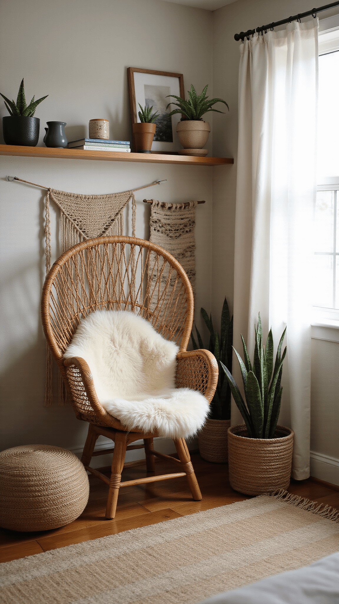 Cozy bedroom reading nook with vintage rattan peacock chair, sheepskin throw, wall hanging, oak shelf of ceramics and books, jute pouf, and snake plants in soft midday light.