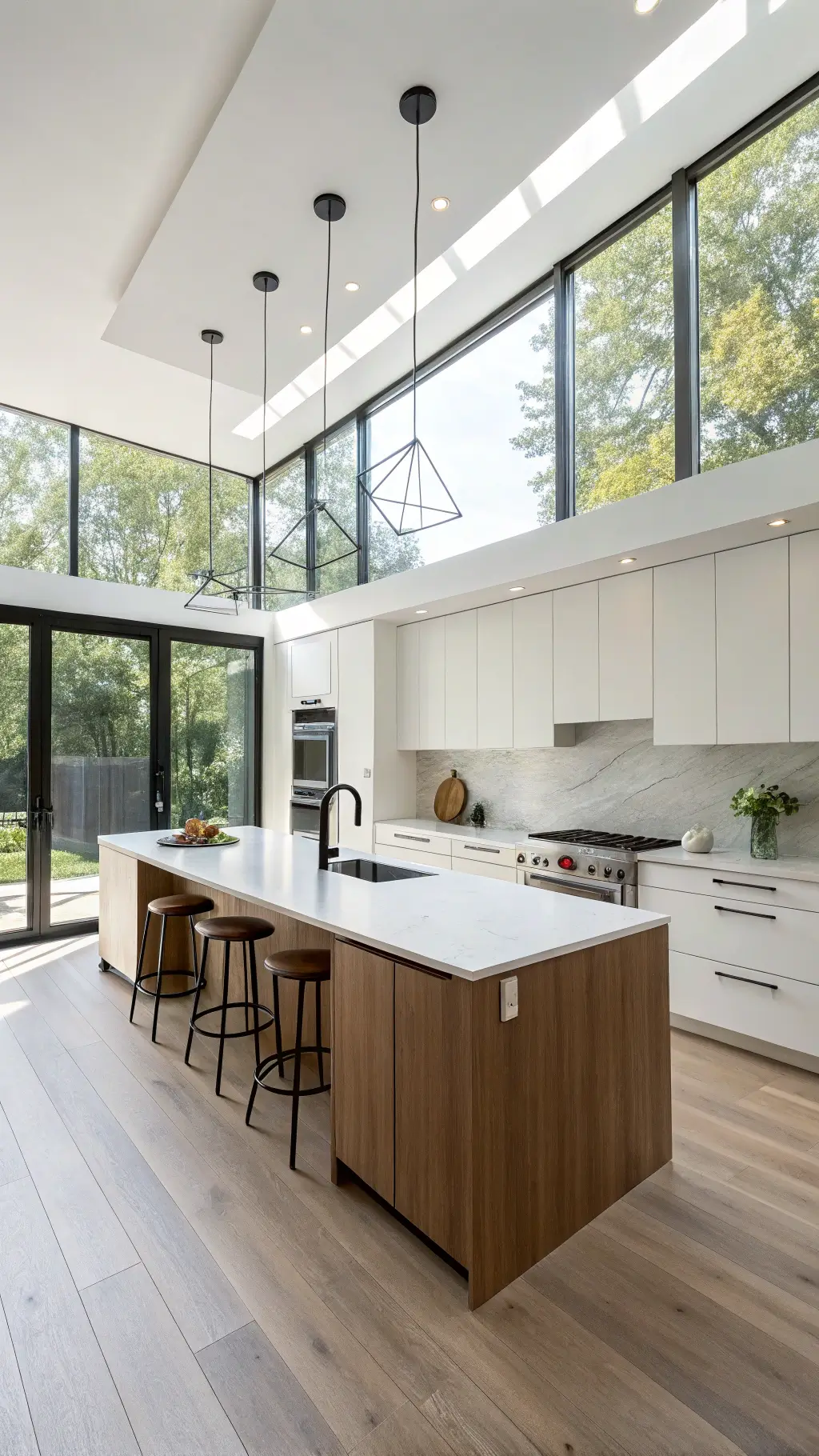 Bright, spacious modern minimalist kitchen with white upper cabinets, walnut lower cabinets, waterfall quartz island, matte black fixtures, and white oak flooring, lit by morning light through floor-to-ceiling windows.