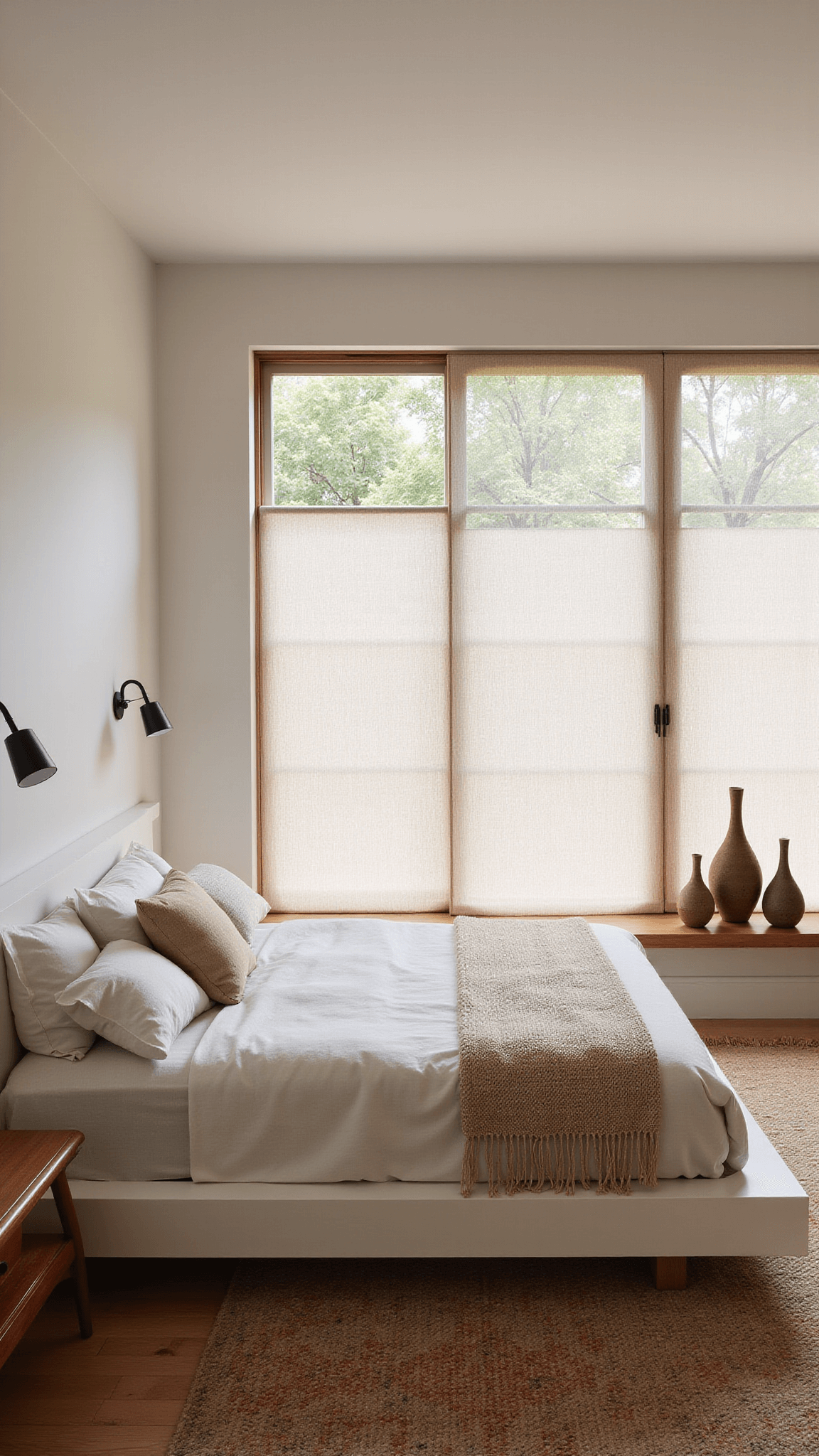 Bed-level view of serene bedroom with soft morning light, shoji-style panels, layered neutral linens, vintage rug, and minimalist decor.