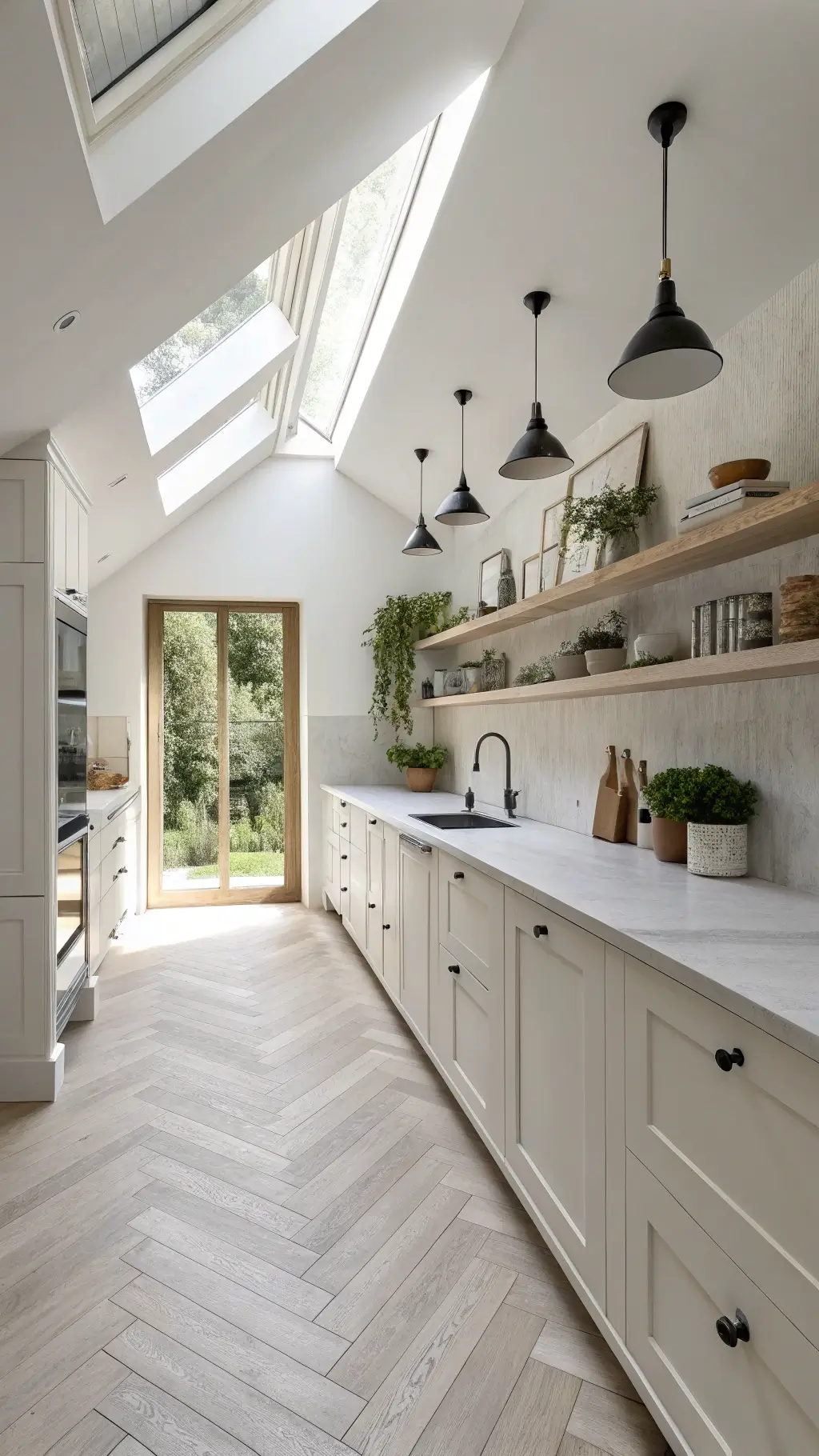 Bright and airy Scandinavian inspired kitchen with diffused natural light, featured white cabinets, pale birch open shelving and minimalist black pendant lights.