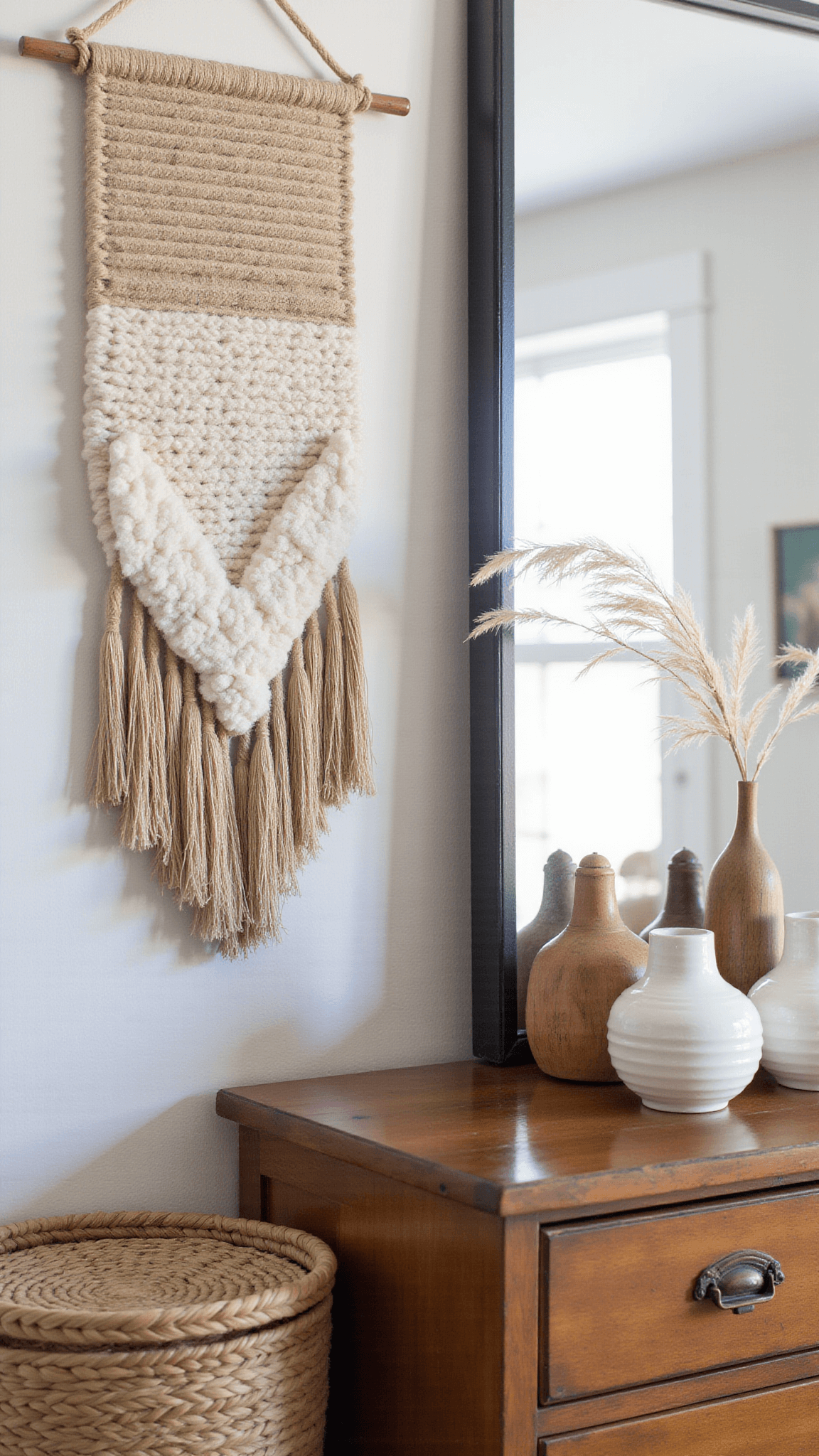 Detail of bedroom vignette with vintage dresser, ceramic vessels, dried grasses, carved wood, and textured wall hanging, softly lit with blurred background.