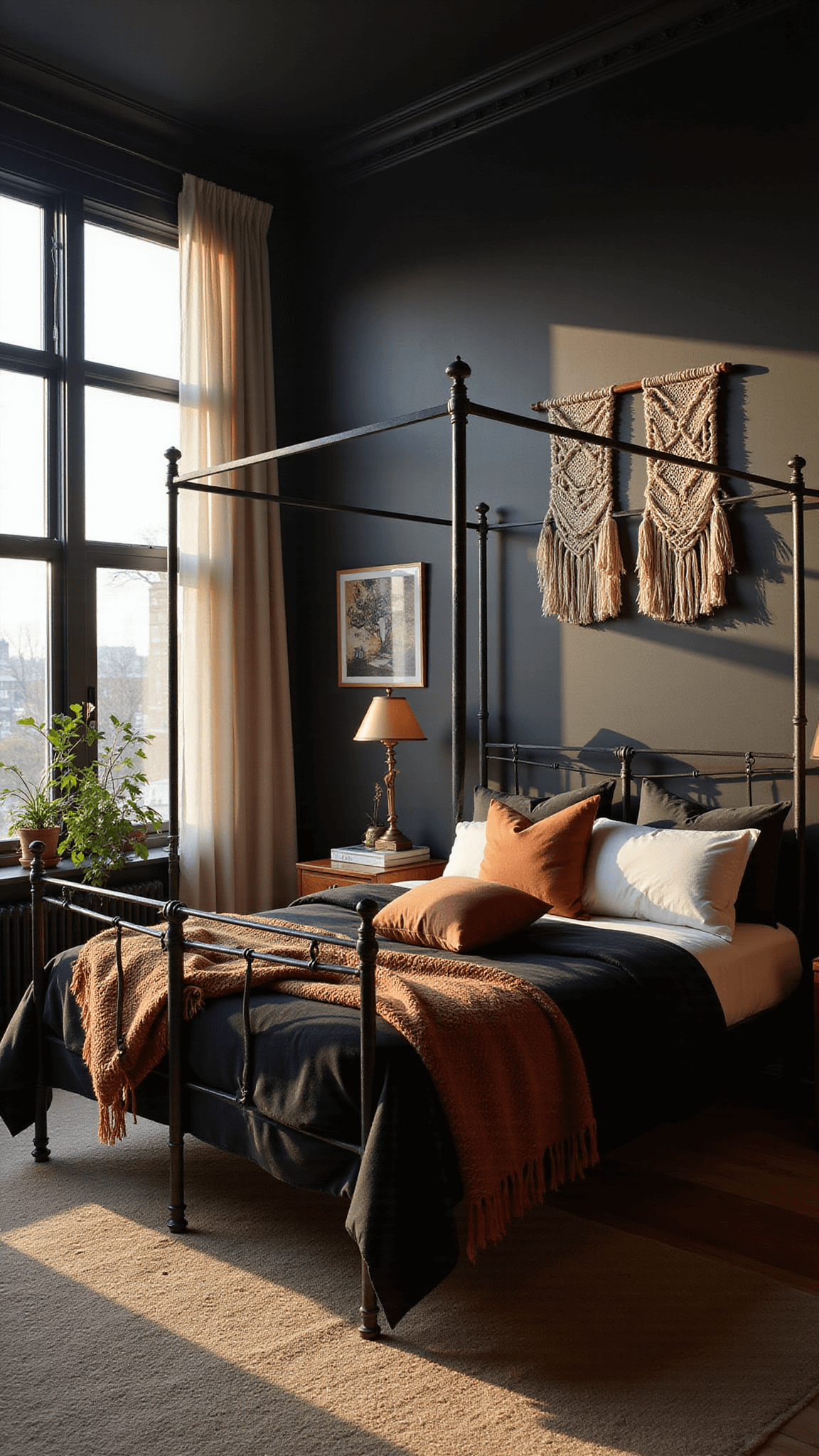 Moody 14x16ft bedroom with black walls, golden hour light, wrought iron canopy bed, layered textures, vintage brass lamps, macramé decor, and trailing plants.