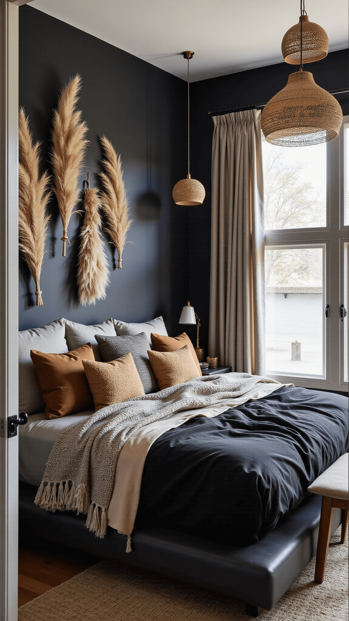 Boho black master bedroom with pampas grass accent wall, textured earth-tone cushions on a black linen bed, and hanging rattan pendant lights.