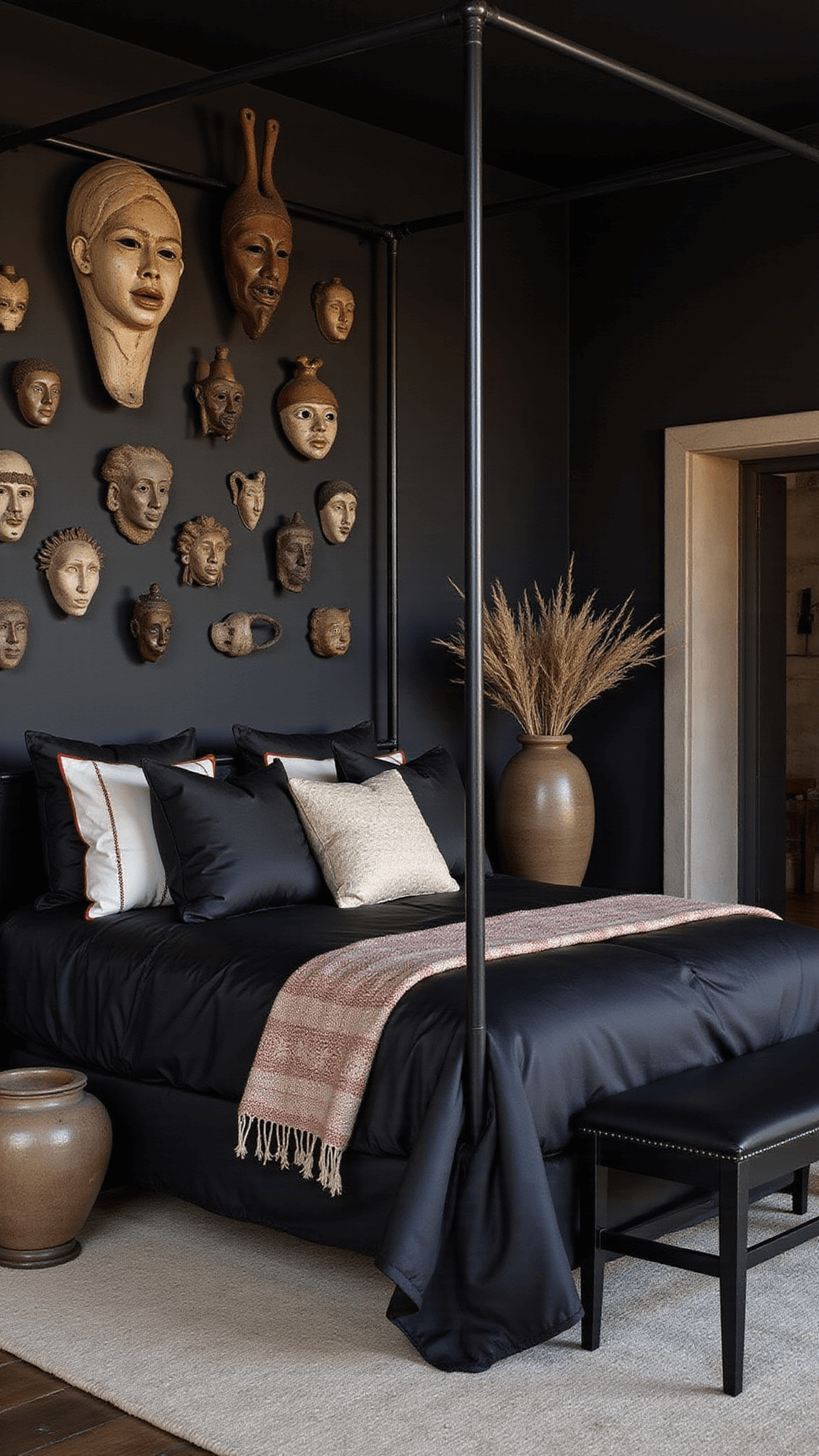 Moody 16x20ft main bedroom at dusk with tribal mask gallery wall on black walls, four-poster bed with mudcloth pillows, handwoven throw, and large ceramic vases with dried arrangements.